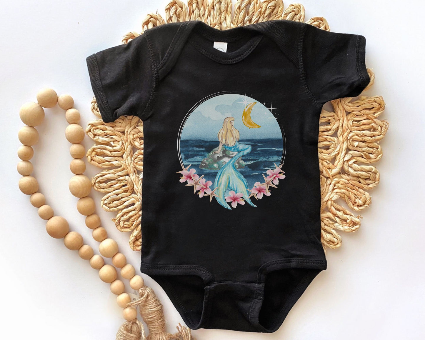 Mermaid Baby Bodysuit Hibiscus Bodysuit Starfish Mermaidcore Moon Mystical Beachy Bodysuit Oceancore Mermaid Core First Birthday Baby Shower