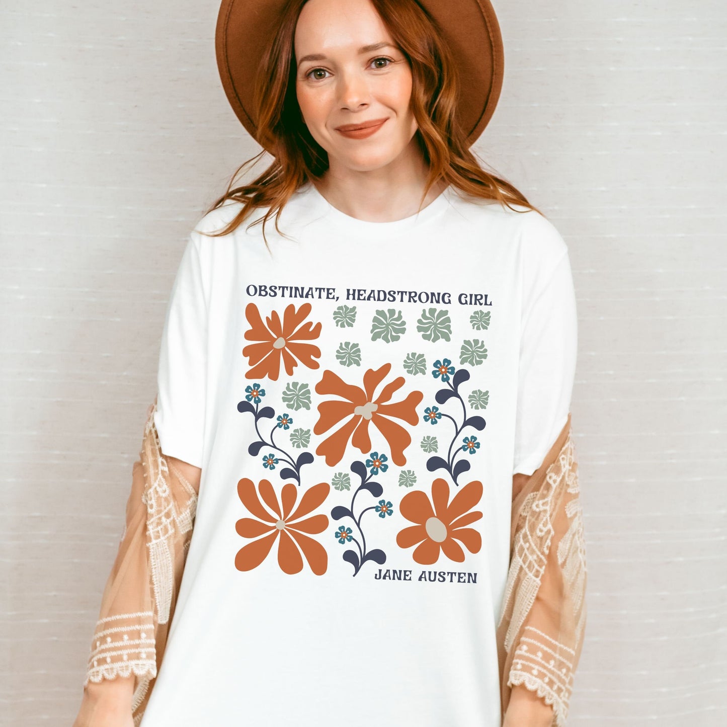 Jane Austen Shirt, Obstinate Headstrong Girl, Pride and Prejudice Cottagecore Clothes Feminist TShirt Abstract Wild Flower Graphic Tshirt