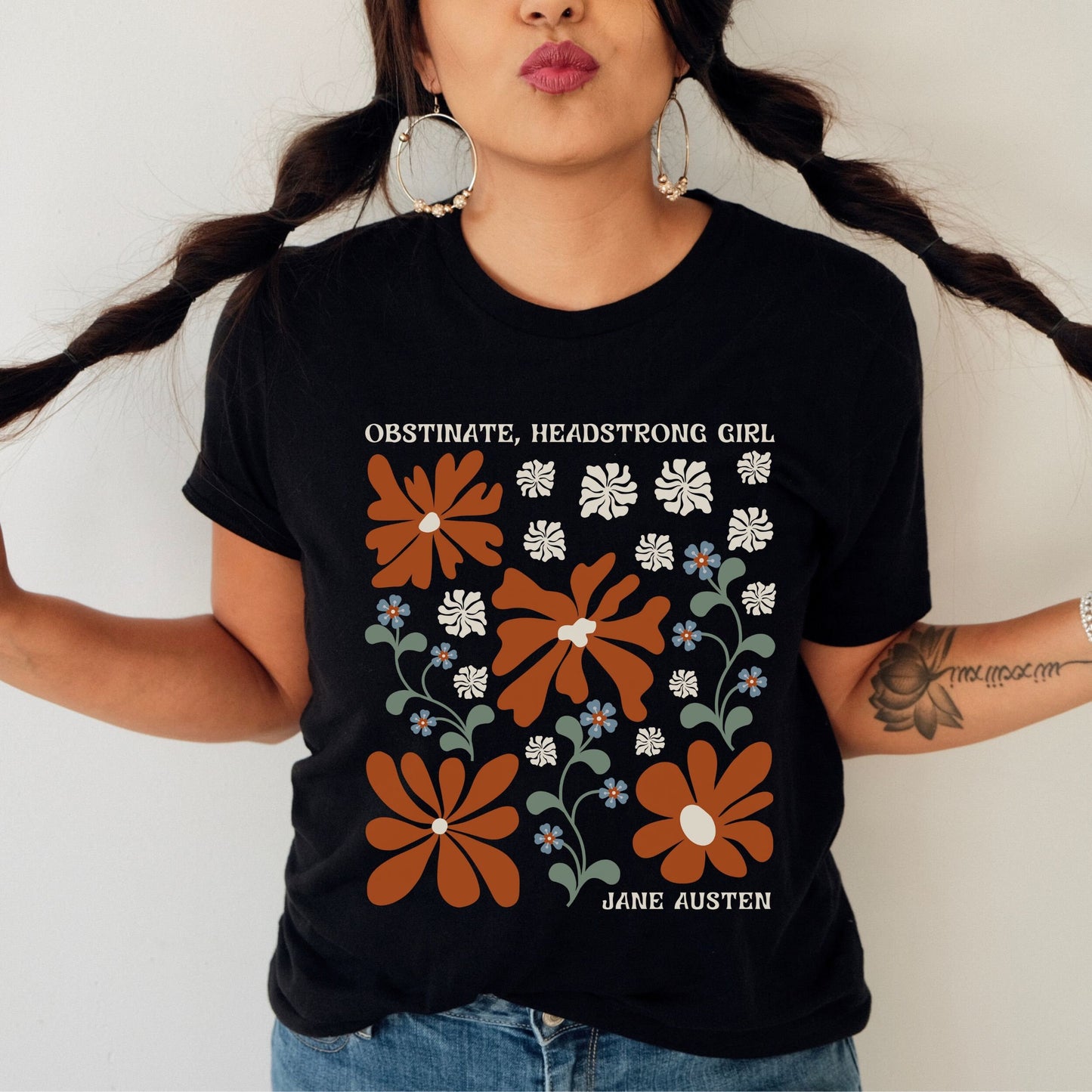 Jane Austen Shirt, Obstinate Headstrong Girl, Pride and Prejudice Cottagecore Clothes Feminist TShirt Abstract Wild Flower Graphic Tshirt