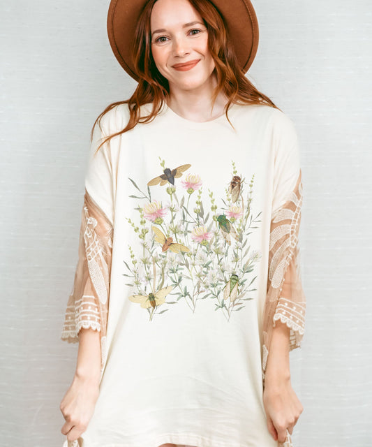 Cicada Shirt Wildflower Pressed Flowers TShirt Locust Gifts Cottagecore BOHO Forest Core Goblincore Ecology Insect Shirt Granola Girl Shirt