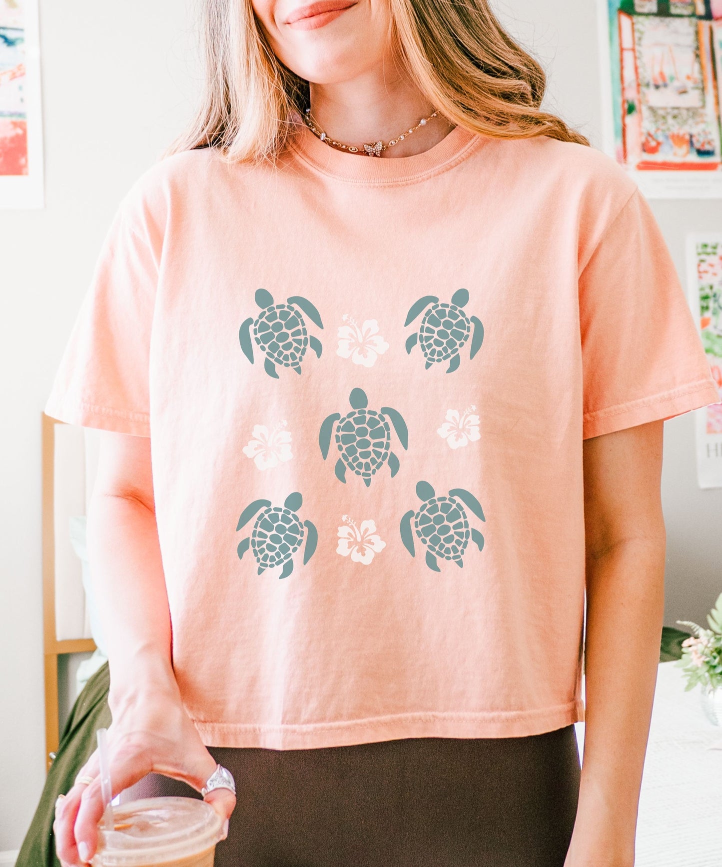 Sea Turtle Shirt, Semi Cropped Coconut Girl Mermaidcore Ocean Animal Shirt Hibiscus Shirt Preppy Stuff, Seaturtle Beachy Shirts Ecology Tee