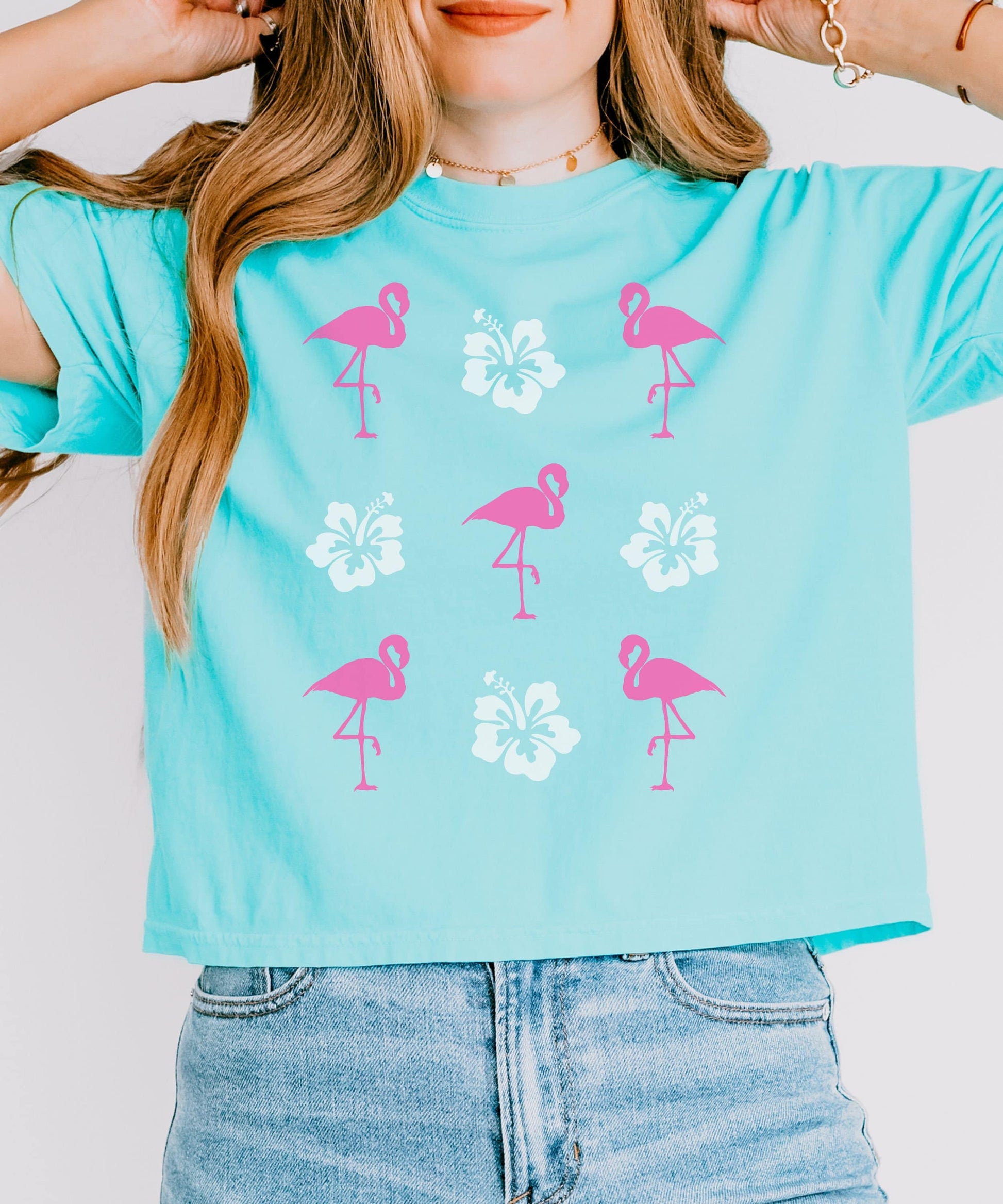 Flamingo Shirt Women Semi Cropped Tee Hibiscus Shirt Coconut Girl Beachy Shirt Flamingo Gifts Preppy Stuff Ocean Animal Shirt Teen Girl Gift