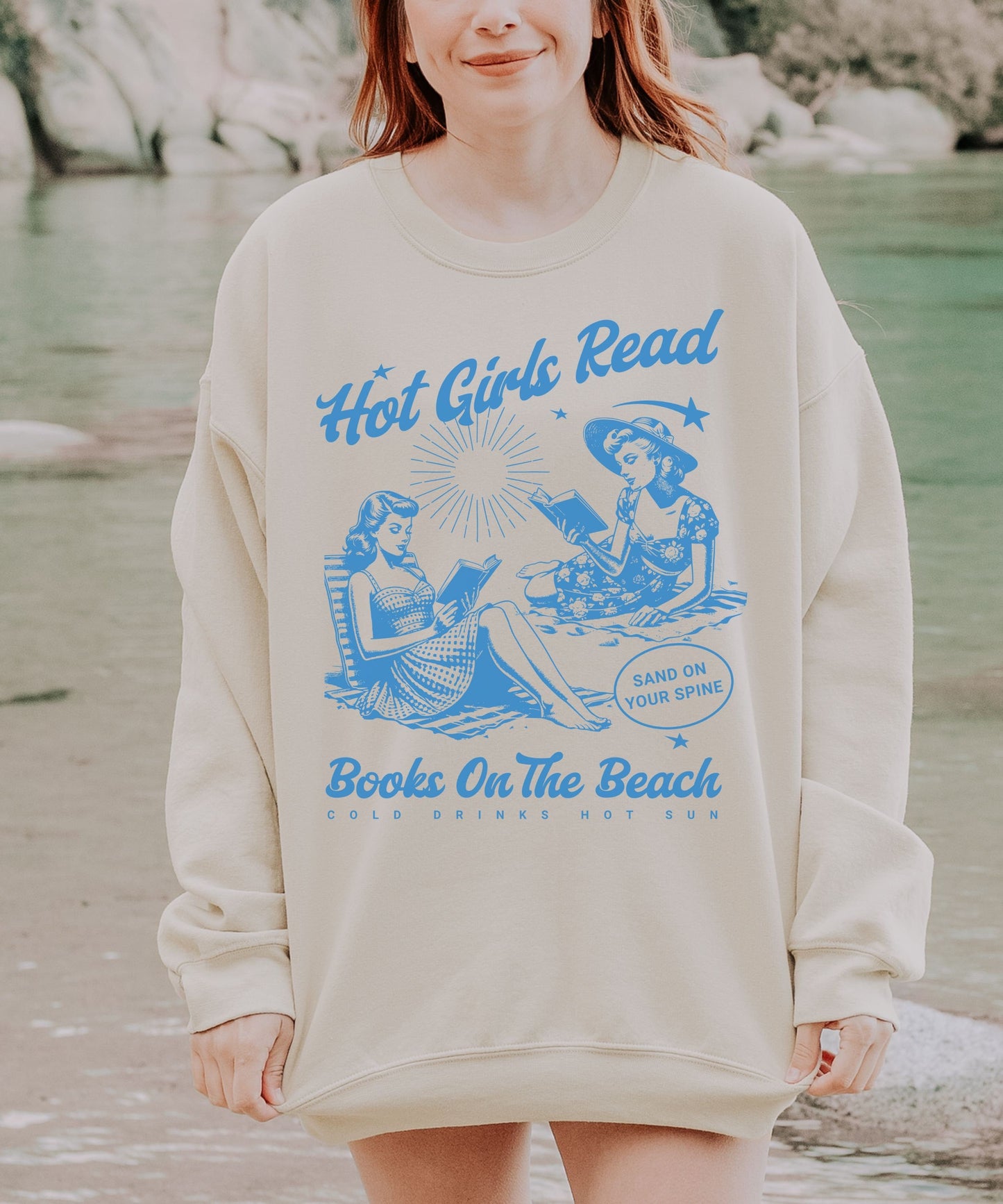 Hot Girls Read Books on the Beach Sweatshirt, Beachy Shirts Coconut Girl Retro Reading Crewneck Booklover Gifts Sweater Smut Sweatshirt