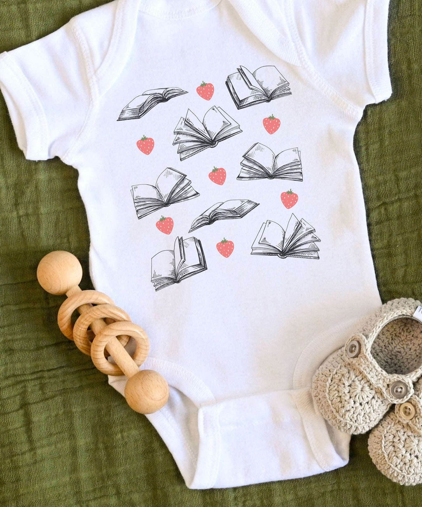 Strawberries and Books Bodysuit Strawberry Shirt Baby Bookish Newborn Baby Shower Gift Bookish 1st Birthday Party Books and Berries Tee