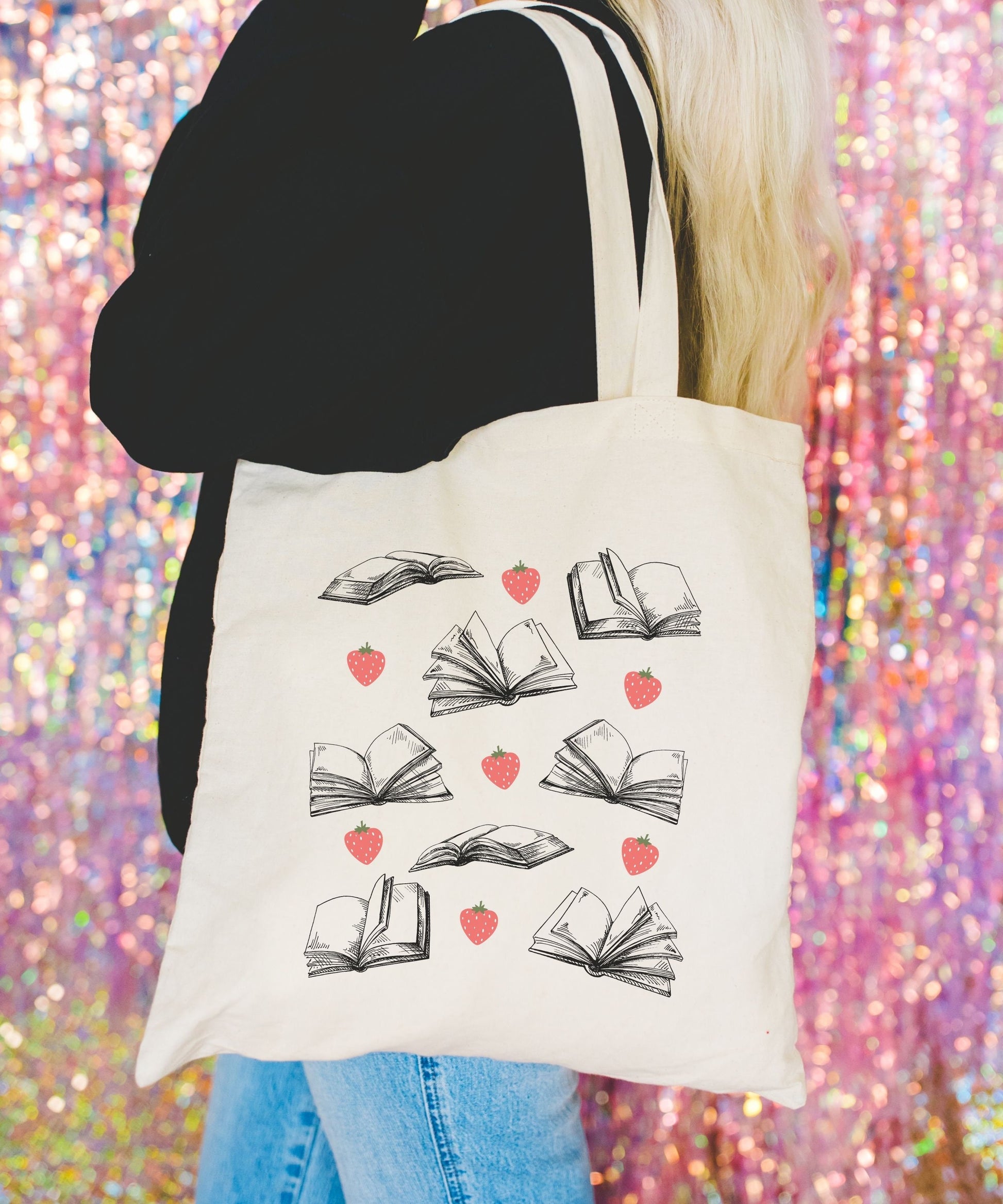 Books And Berries Cotton Tote Bag Strawberries Tote Bag, Library Bag Book Club Tote Reader Gifts, Bookish Things Strawberry Fruit Bag