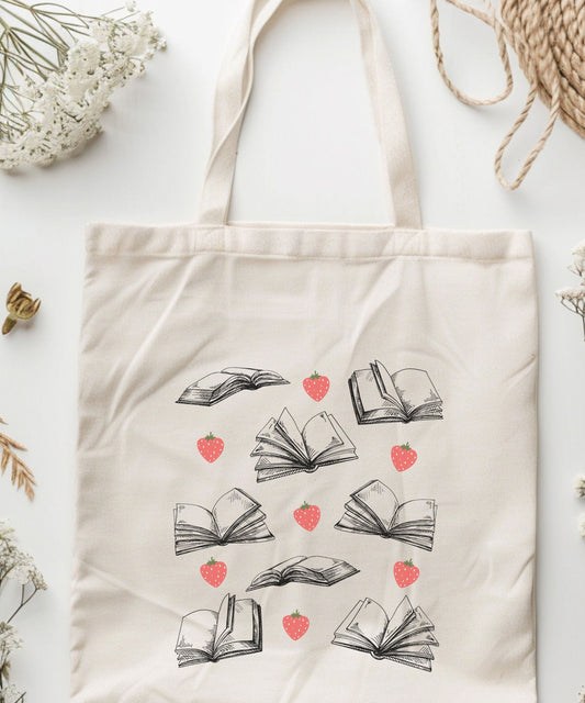 Books And Berries Cotton Tote Bag Strawberries Tote Bag, Library Bag Book Club Tote Reader Gifts, Bookish Things Strawberry Fruit Bag