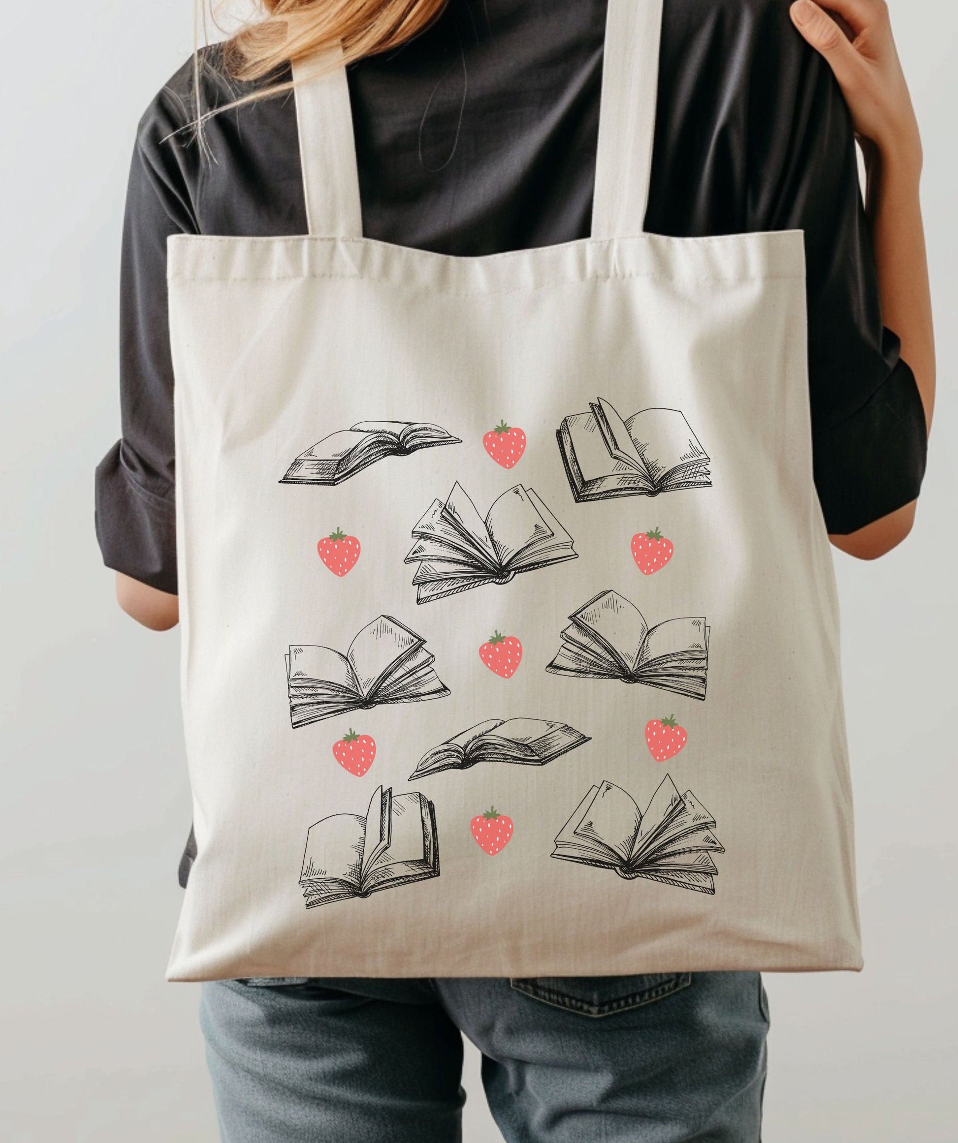 Books And Berries Cotton Tote Bag Strawberries Tote Bag, Library Bag Book Club Tote Reader Gifts, Bookish Things Strawberry Fruit Bag
