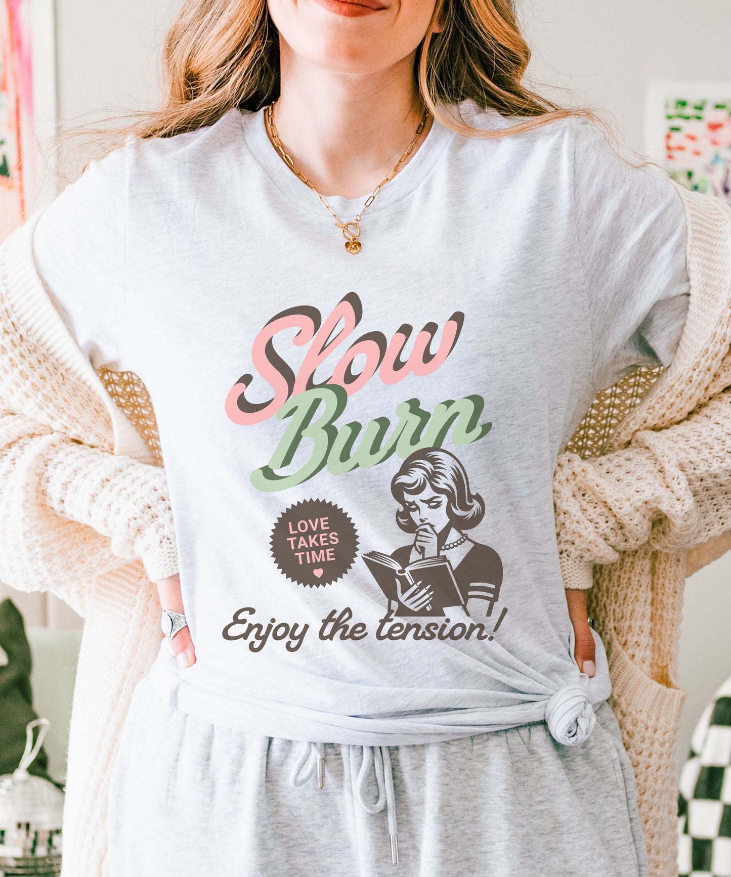 Slow Burn Book Trope Shirt, Romance Reader Retro Pop Art Romantasy Smut shirt Bookish Things Enemies To Lovers Spicy Book Tee Hot Girls Read