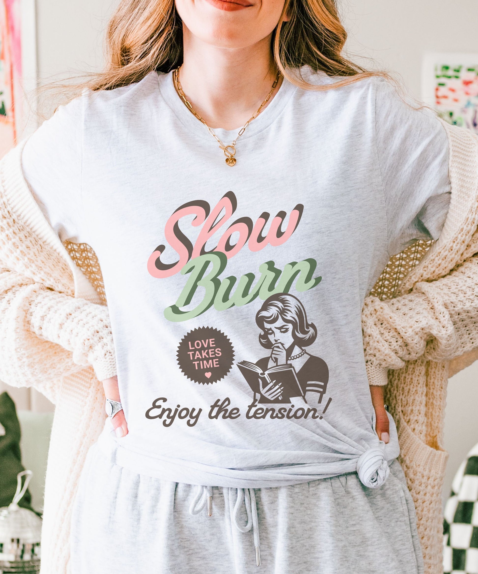 Slow Burn Book Trope Shirt, Romance Reader Retro Pop Art Romantasy Smut shirt Bookish Things Enemies To Lovers Spicy Book Tee Hot Girls Read