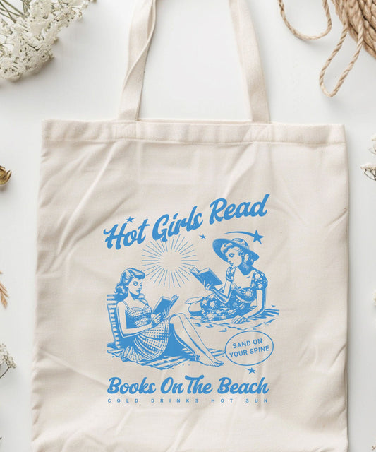 Hot Girls Read Books on The Beach Cotton Tote Bag Bookish Tote Bag Bookish Things Smut Reader Romance Reader Romantasy Coconut Girl Tote Bag