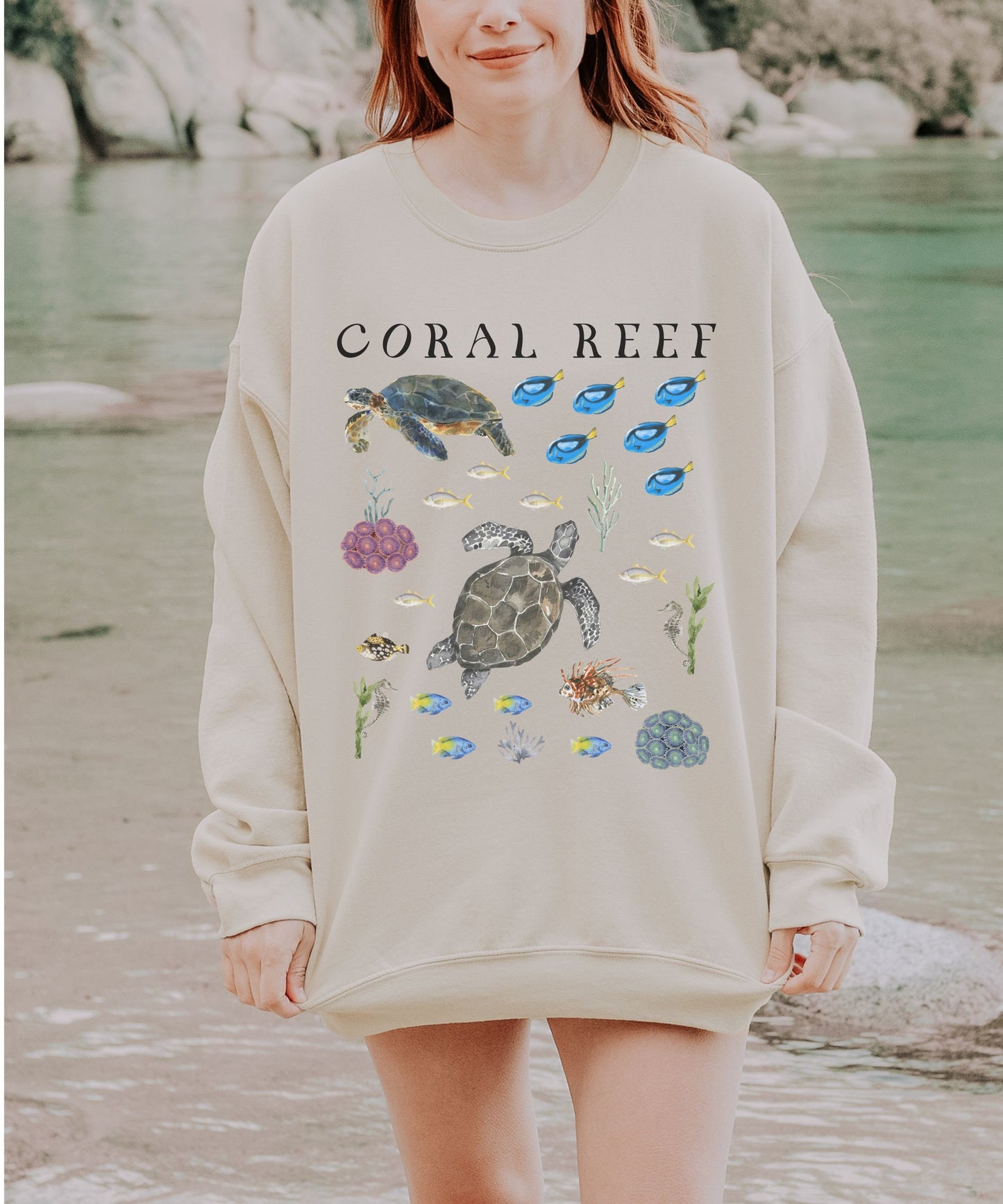 Coral Reef Ocean Animals Sweatshirt, Sea Turtle Shirt Beachy Sweatshirt Oceancore Mermaidcore Coconut Girl Granola Girl Marine Biology