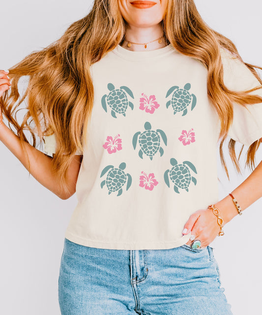 Sea Turtle Shirt, Semi Cropped Coconut Girl Mermaidcore Ocean Animal Shirt Hibiscus Shirt Preppy Stuff, Seaturtle Beachy Shirts Ecology Tee