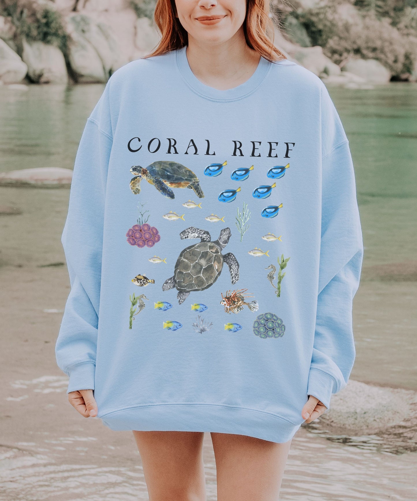 Coral Reef Ocean Animals Sweatshirt, Sea Turtle Shirt Beachy Sweatshirt Oceancore Mermaidcore Coconut Girl Granola Girl Marine Biology