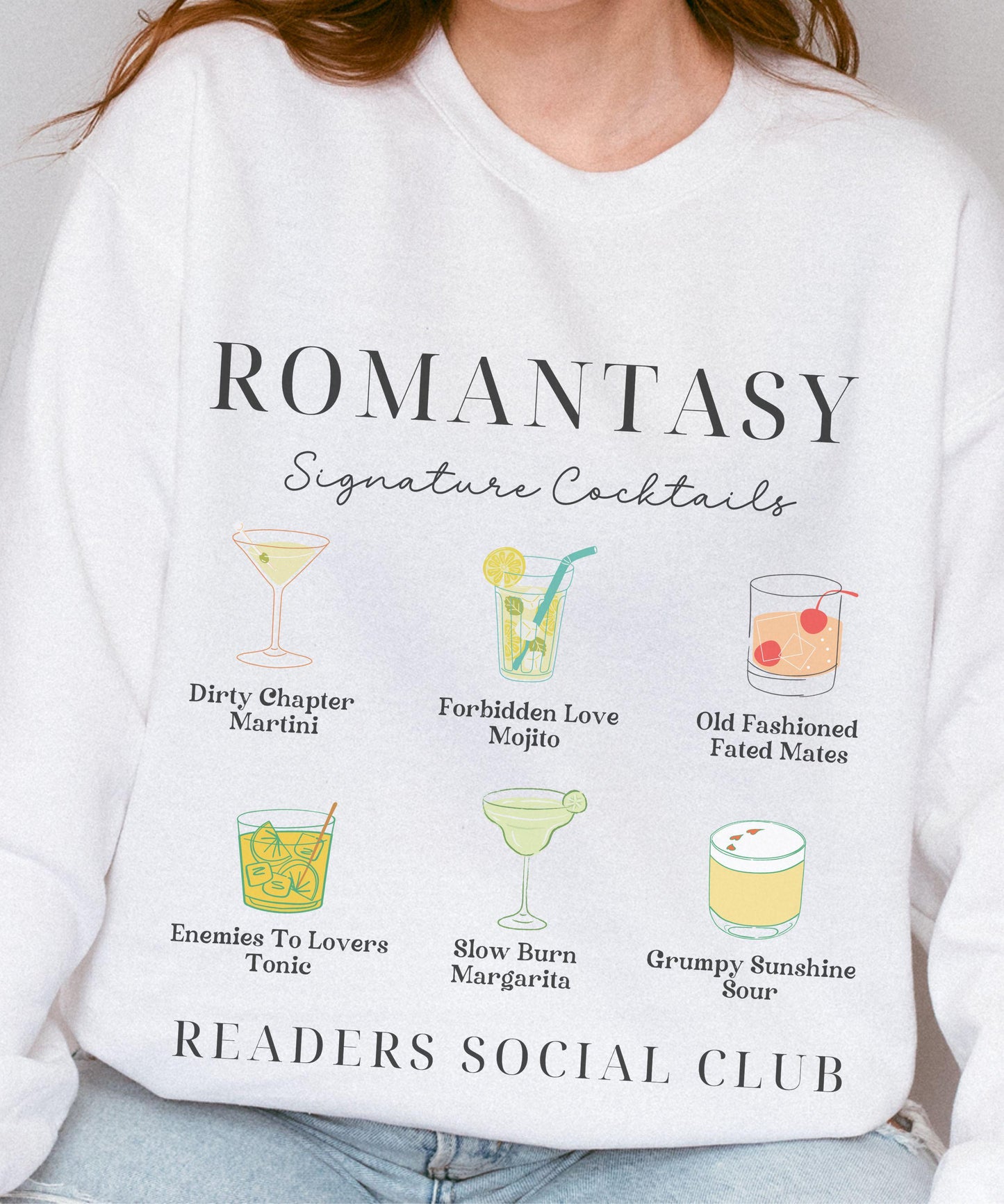 Romantasy Readers Social Club Signature Cocktails Martini Sweatshirt, Book Tropes Enemies to Lovers Fated Mates Slow Burn Grumpy Sunshine