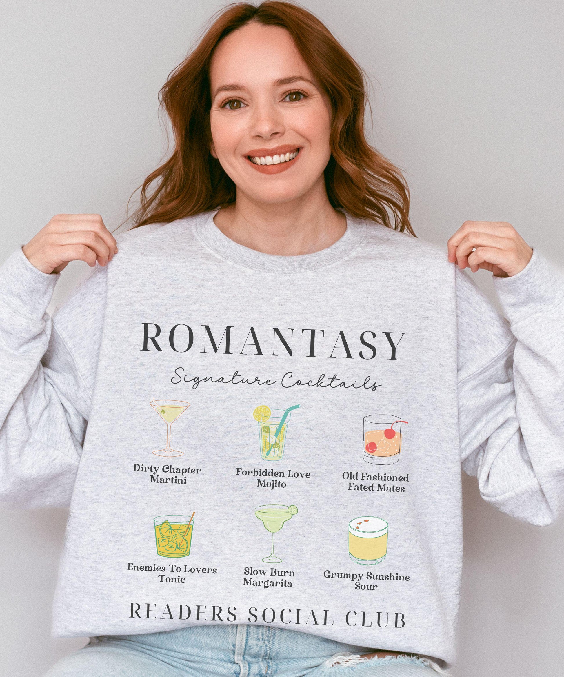 Romantasy Readers Social Club Signature Cocktails Martini Sweatshirt, Book Tropes Enemies to Lovers Fated Mates Slow Burn Grumpy Sunshine