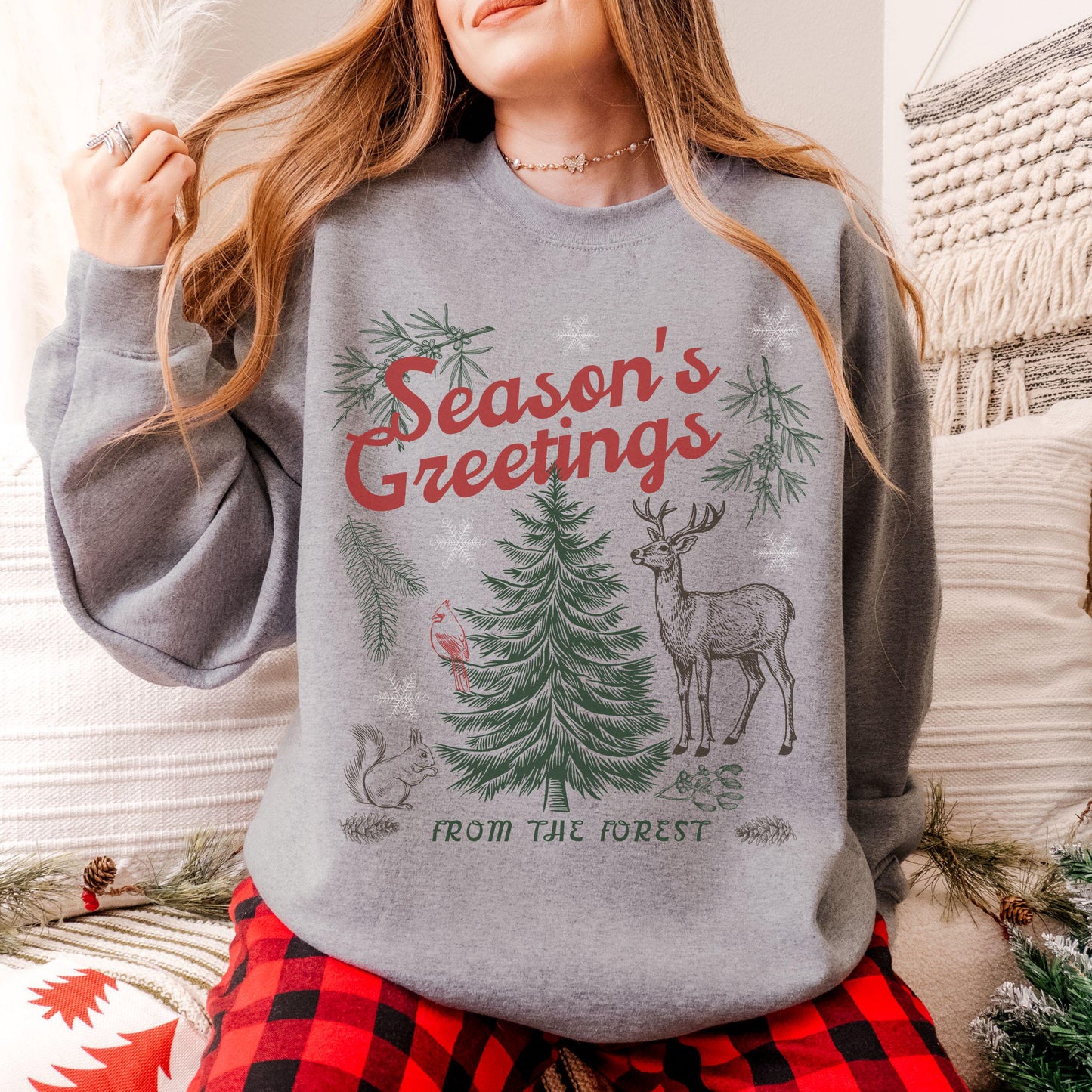 Christmas Forest Sweatshirt, Forest Core Animals Holiday Crewneck Retro Pine Tree Shirt Nordic Christmas Granola Girl Reindeer Sweatshirt
