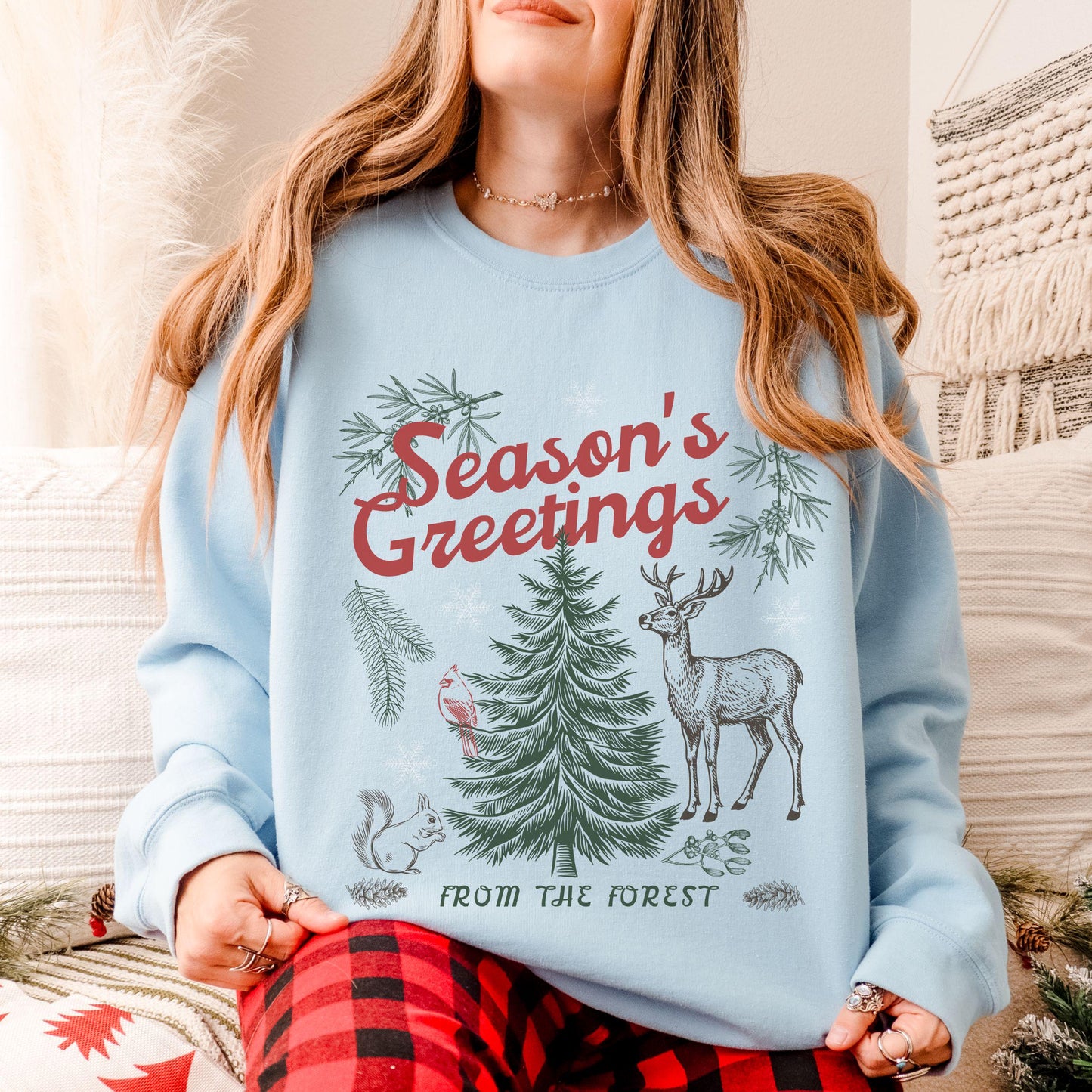 Christmas Forest Sweatshirt, Forest Core Animals Holiday Crewneck Retro Pine Tree Shirt Nordic Christmas Granola Girl Reindeer Sweatshirt