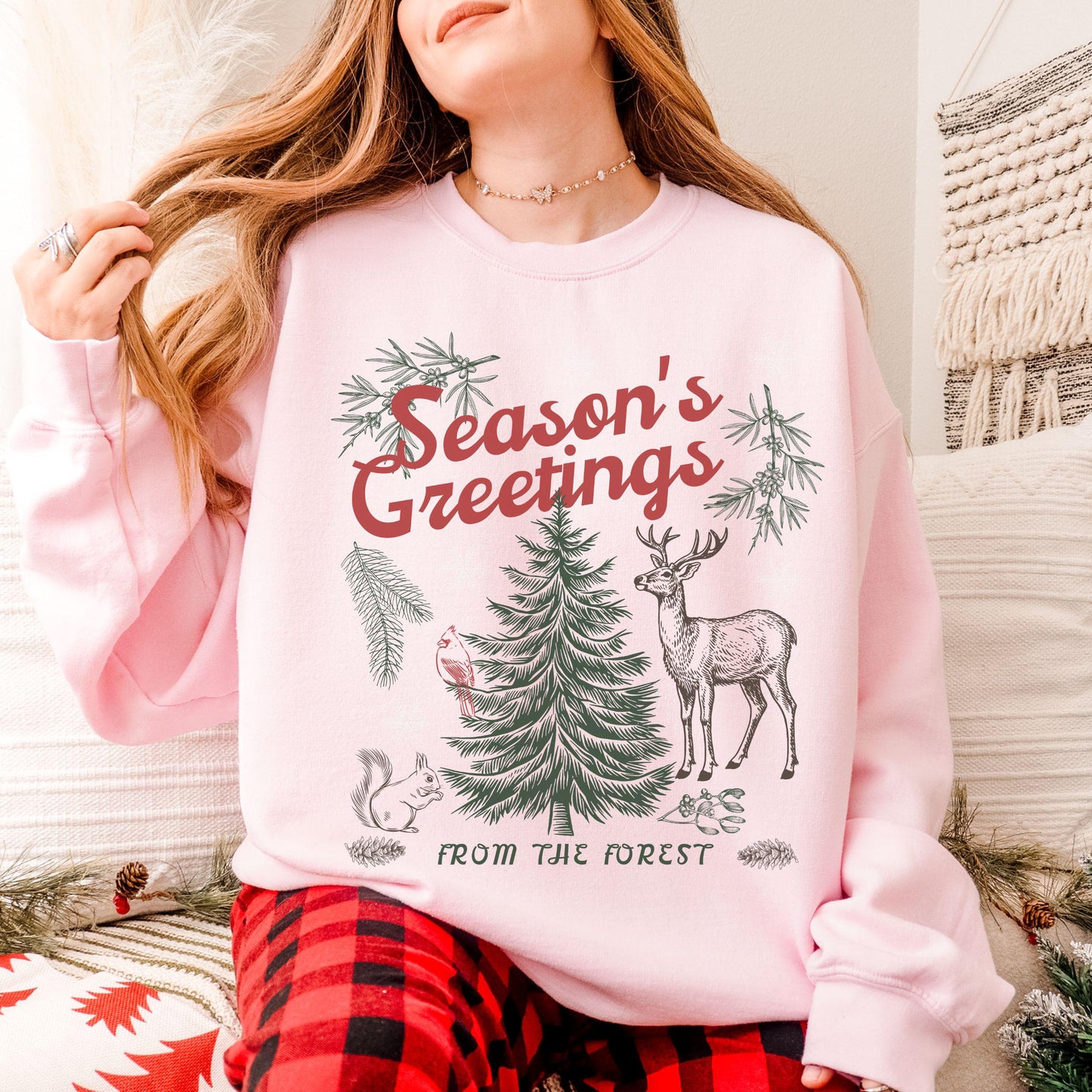 Christmas Forest Sweatshirt, Forest Core Animals Holiday Crewneck Retro Pine Tree Shirt Nordic Christmas Granola Girl Reindeer Sweatshirt