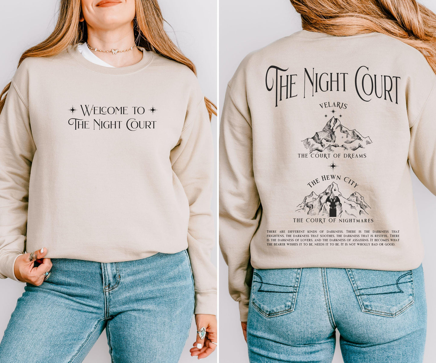 Welcome to the Night Court Sweatshirt, Licensed SJM Merch ACOTAR ACOMAF Sweatshirt. Rhysand and Feyre Quote Hewn City Velaris Sweatshirt