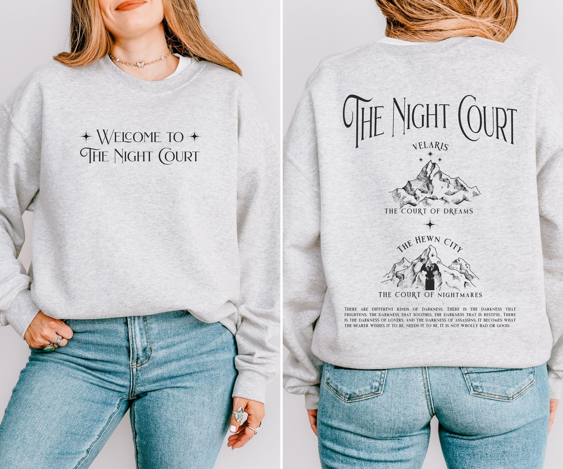 Welcome to the Night Court Sweatshirt, Licensed SJM Merch ACOTAR ACOMAF Sweatshirt. Rhysand and Feyre Quote Hewn City Velaris Sweatshirt