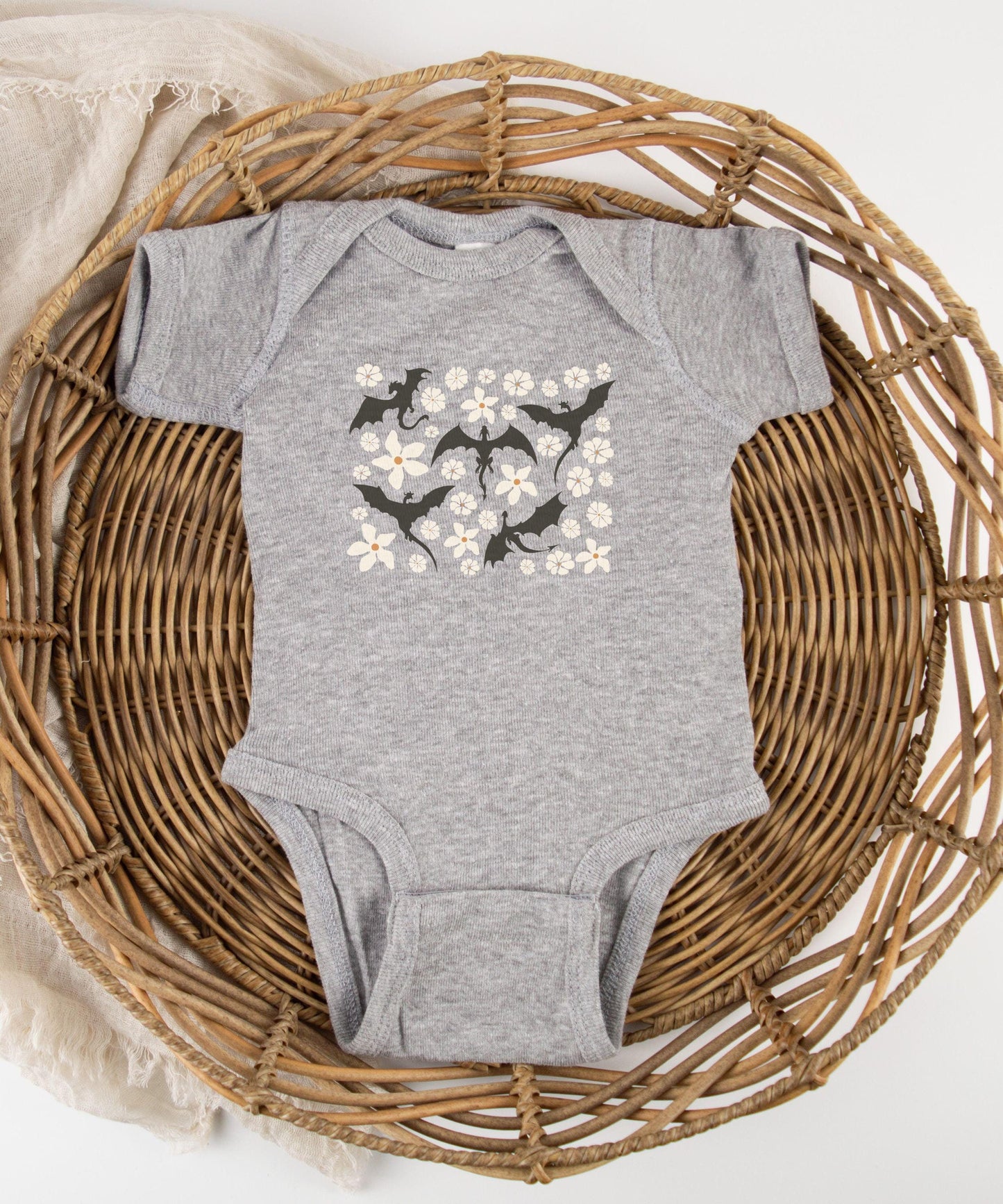 Floral Wyvern Baby Bodysuit, Fantasycore Baby Clothes, Bookish Baby Shower Gift Flowers and Dragons Renfaire Whimsigoth Clothing Baby Girl