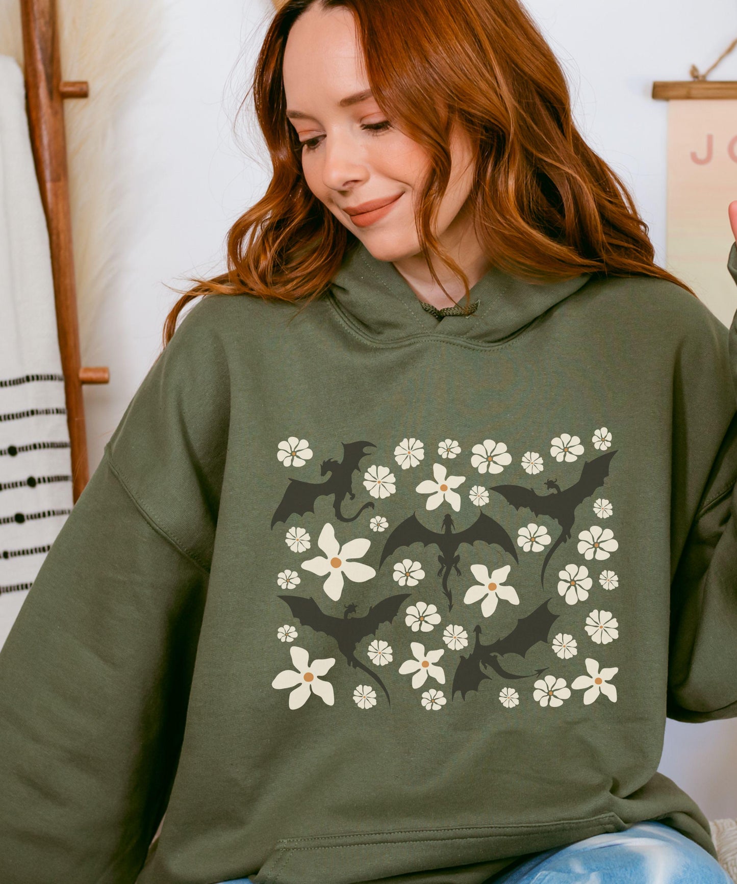Floral Wyvern Hoodie, Floral Dragon Sweatshirt, Wyvern Sweathirt Ren Faire Whimsigoth Clothing Romantasy Reader Hoodie Fantasy Hoodie
