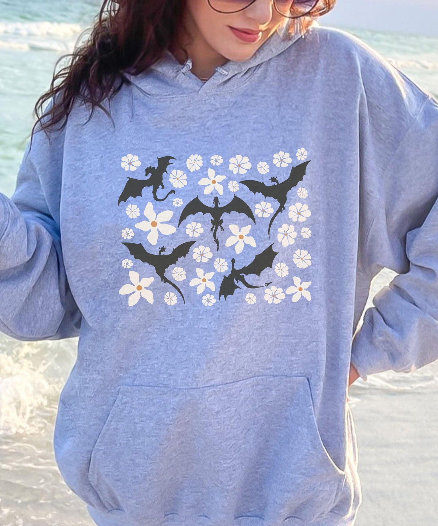 Floral Wyvern Hoodie, Floral Dragon Sweatshirt, Wyvern Sweathirt Ren Faire Whimsigoth Clothing Romantasy Reader Hoodie Fantasy Hoodie