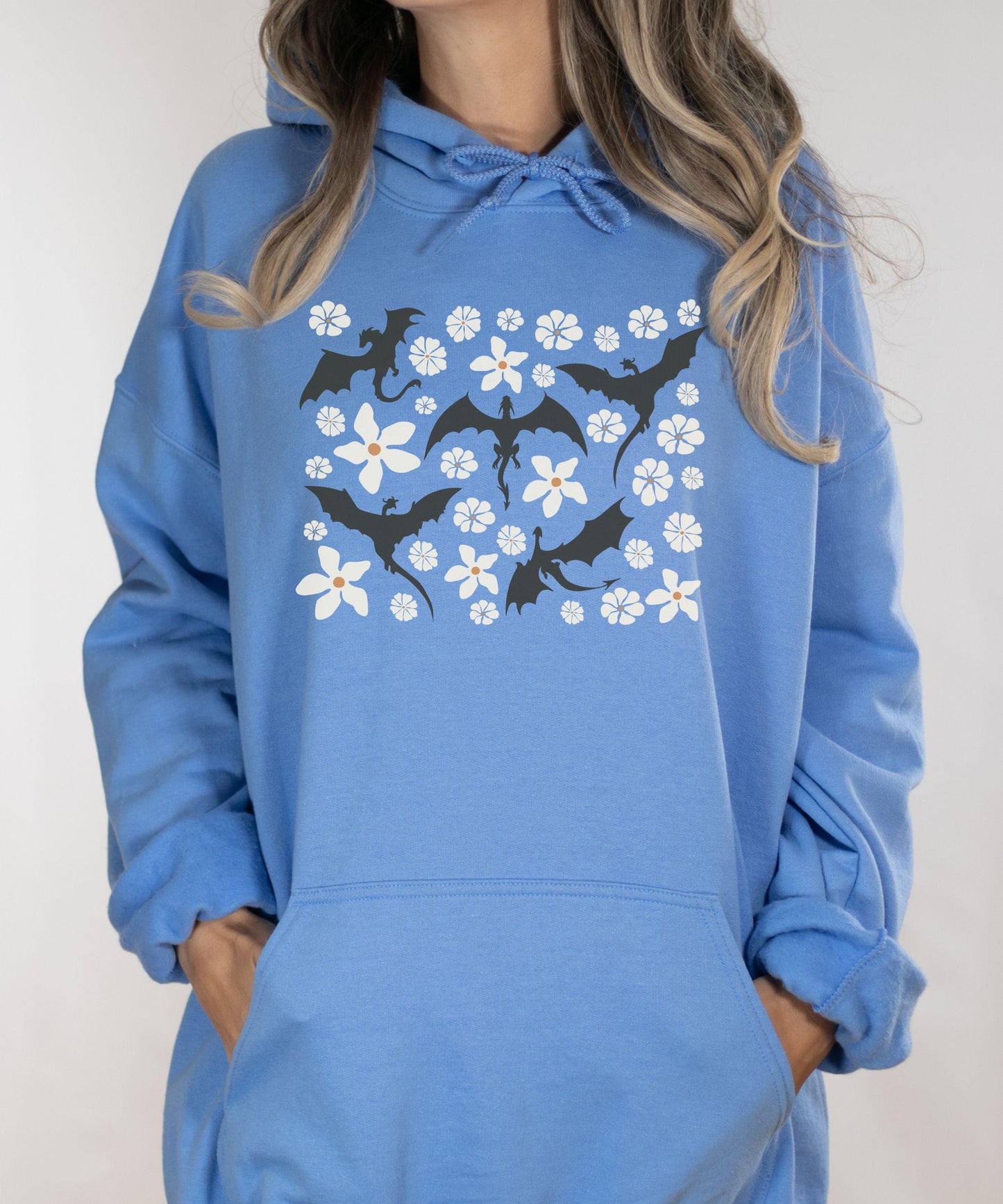 Floral Wyvern Hoodie, Floral Dragon Sweatshirt, Wyvern Sweathirt Ren Faire Whimsigoth Clothing Romantasy Reader Hoodie Fantasy Hoodie
