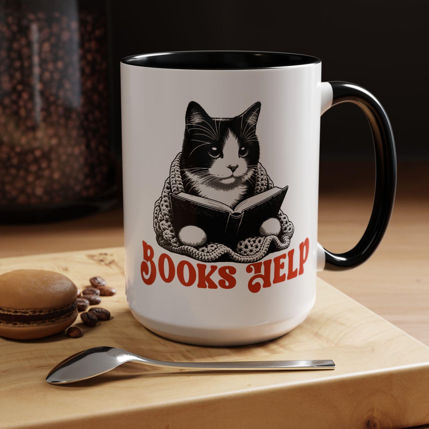 Books Help Coffee Mug, Tuxedo Cat Bookish Mug Bookish Things Bookish Shops Booklover Gifts Self Care Mug, Mental Health Cat Reader Gift