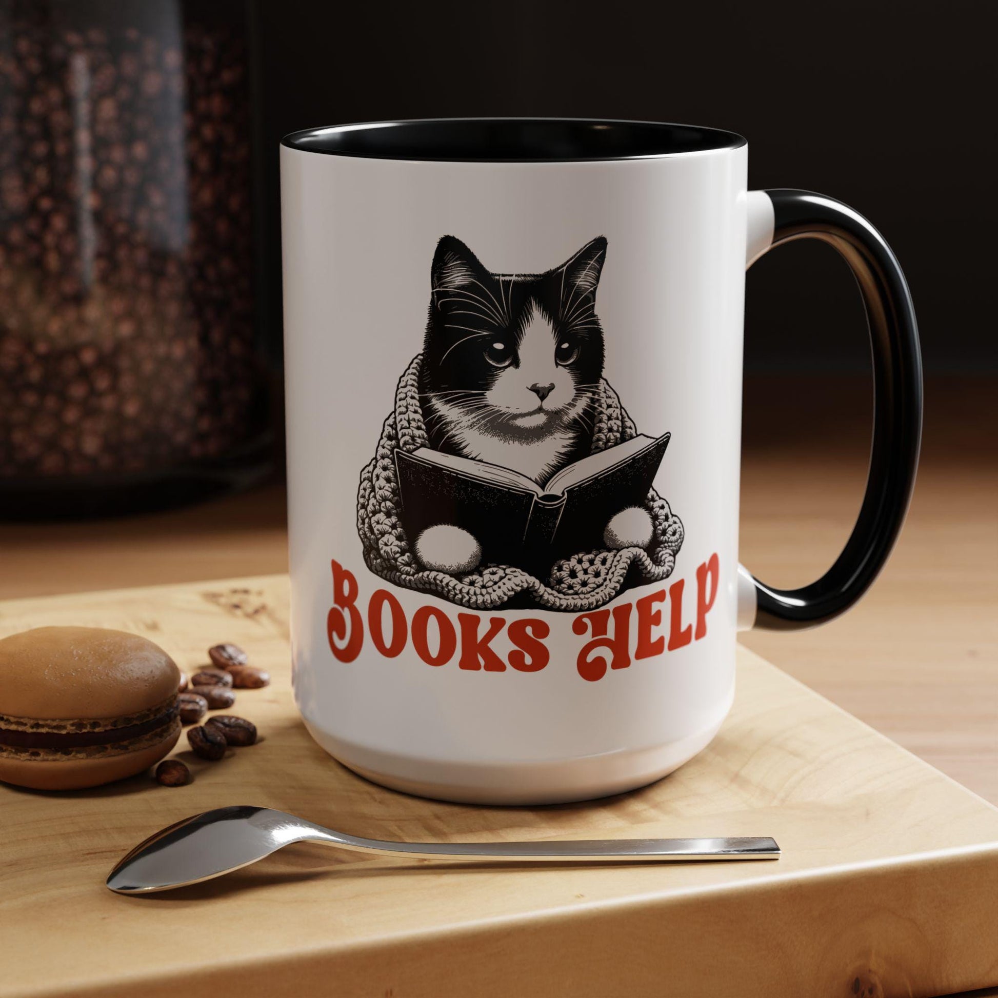 Books Help Coffee Mug, Tuxedo Cat Bookish Mug Bookish Things Bookish Shops Booklover Gifts Self Care Mug, Mental Health Cat Reader Gift