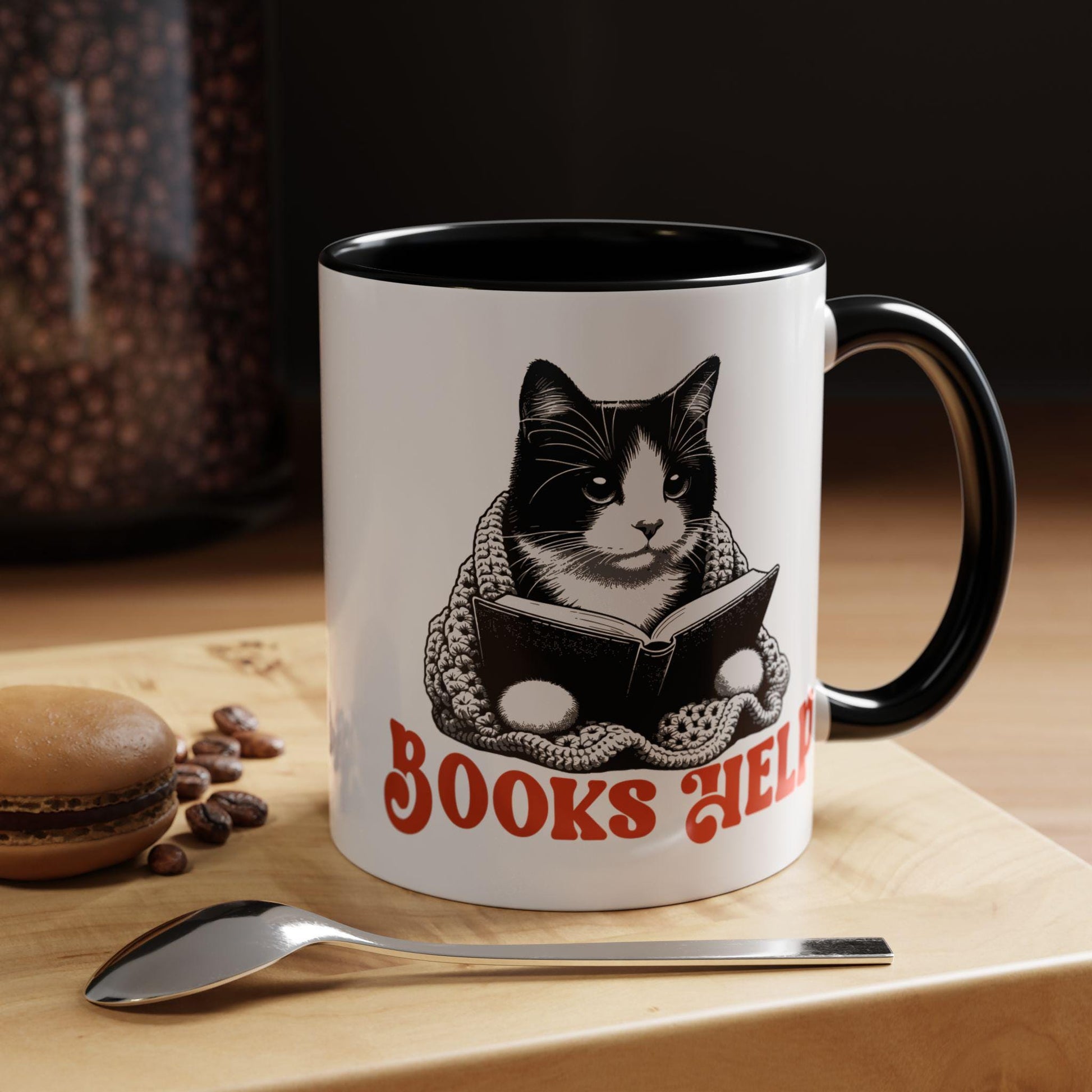 Books Help Coffee Mug, Tuxedo Cat Bookish Mug Bookish Things Bookish Shops Booklover Gifts Self Care Mug, Mental Health Cat Reader Gift