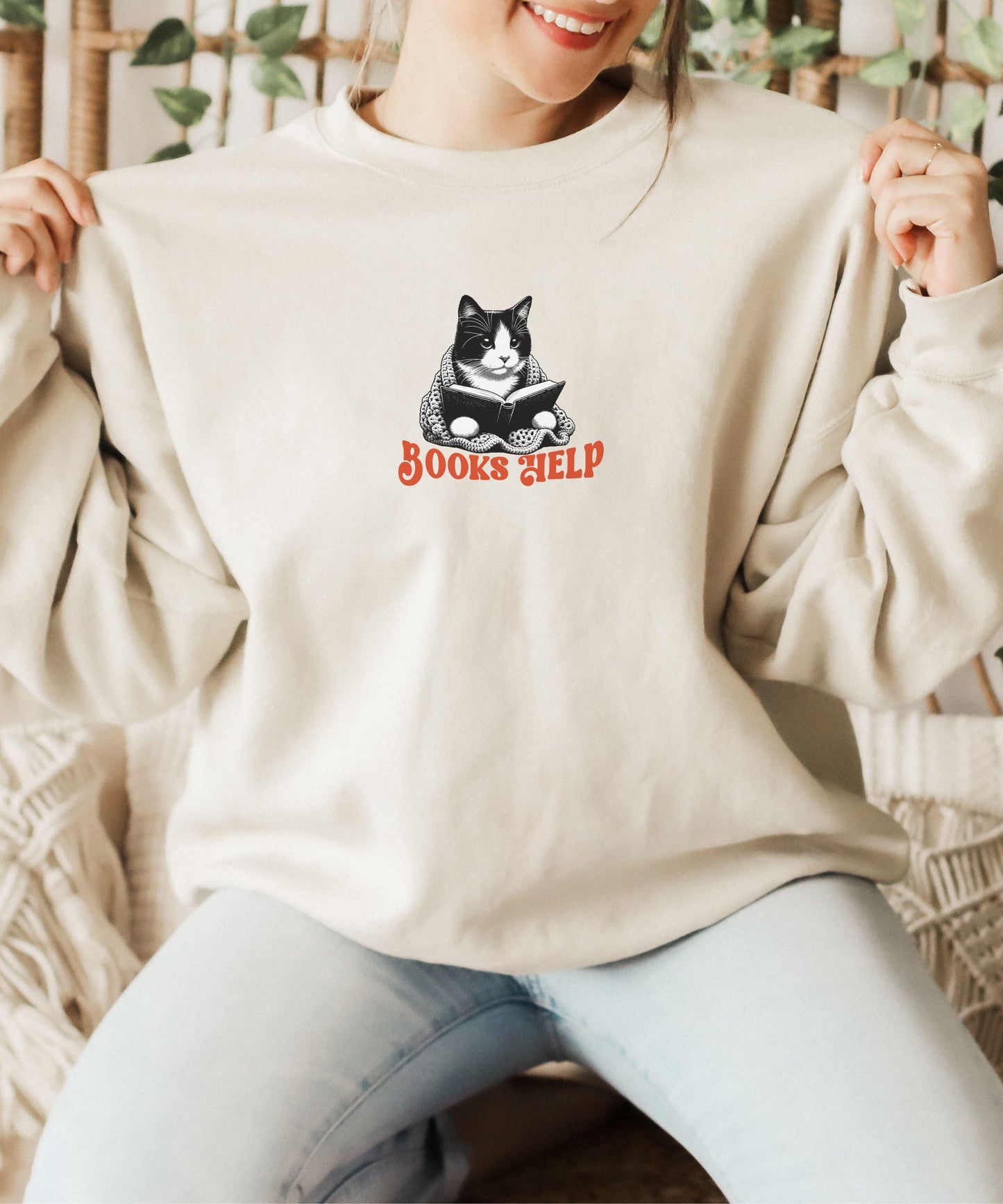 Tuxedo Cat Sweatshirt, Books Help Tuxedo Cat Gifts, Cutecore Bookish Things, Booklover Gifts Book Nerd Shirt Self Care Reading Sweatshirt
