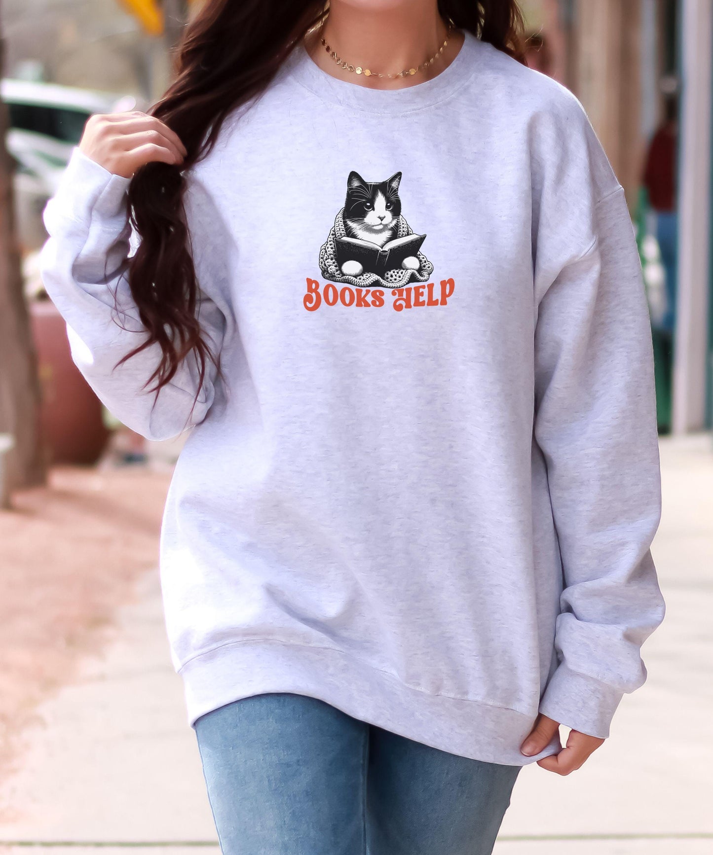 Tuxedo Cat Sweatshirt, Books Help Tuxedo Cat Gifts, Cutecore Bookish Things, Booklover Gifts Book Nerd Shirt Self Care Reading Sweatshirt