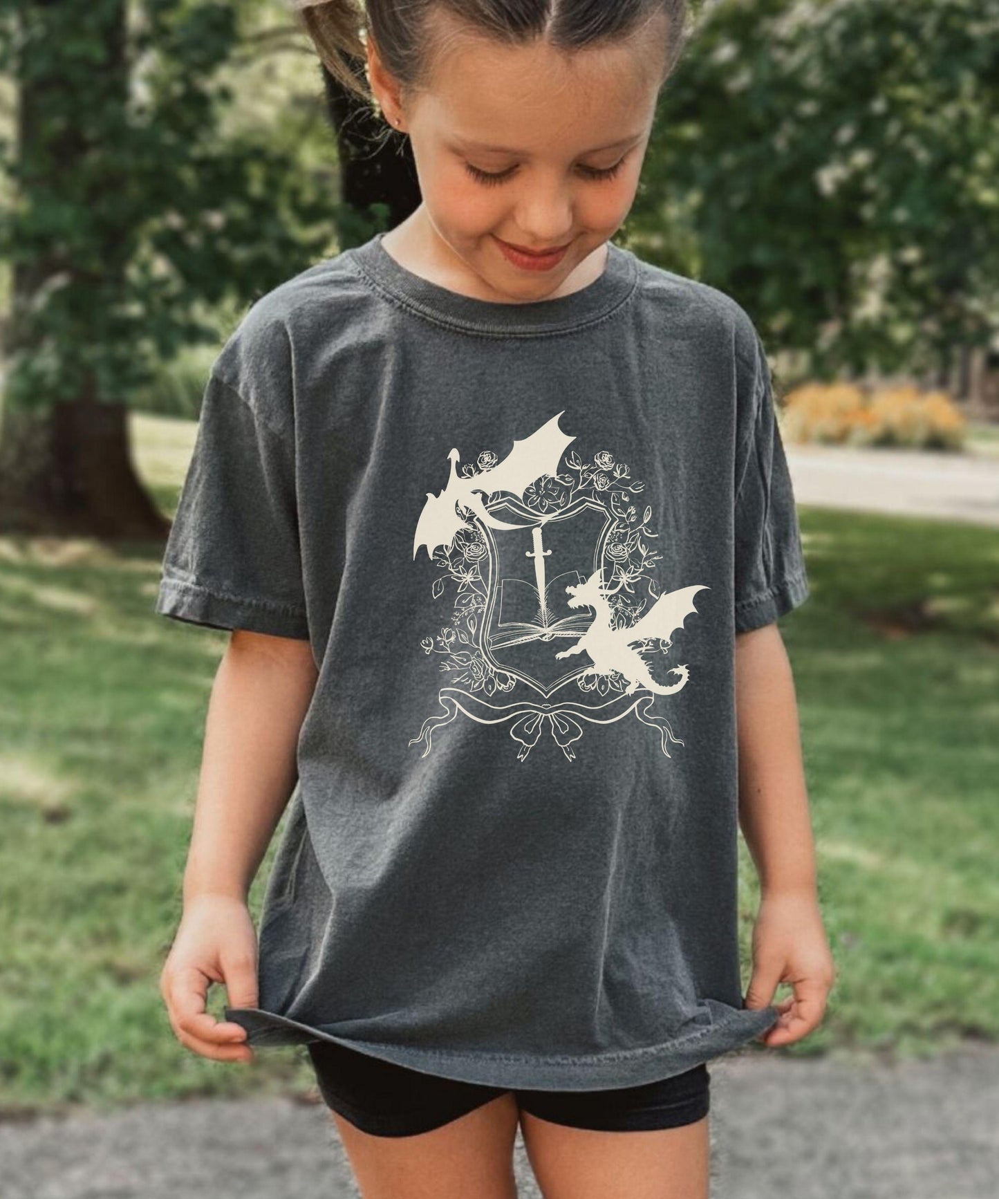 Dragon Shirt Girl, Book Dragon Fantasy Shirt, Whimisgoth kids clothes, Castlecore Shirt Kids, Medieval Shirt Gothic Dragon Party Shirt Girl