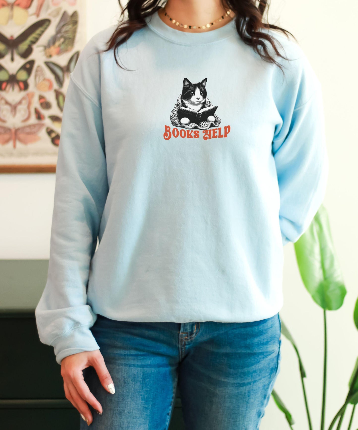 Tuxedo Cat Sweatshirt, Books Help Tuxedo Cat Gifts, Cutecore Bookish Things, Booklover Gifts Book Nerd Shirt Self Care Reading Sweatshirt