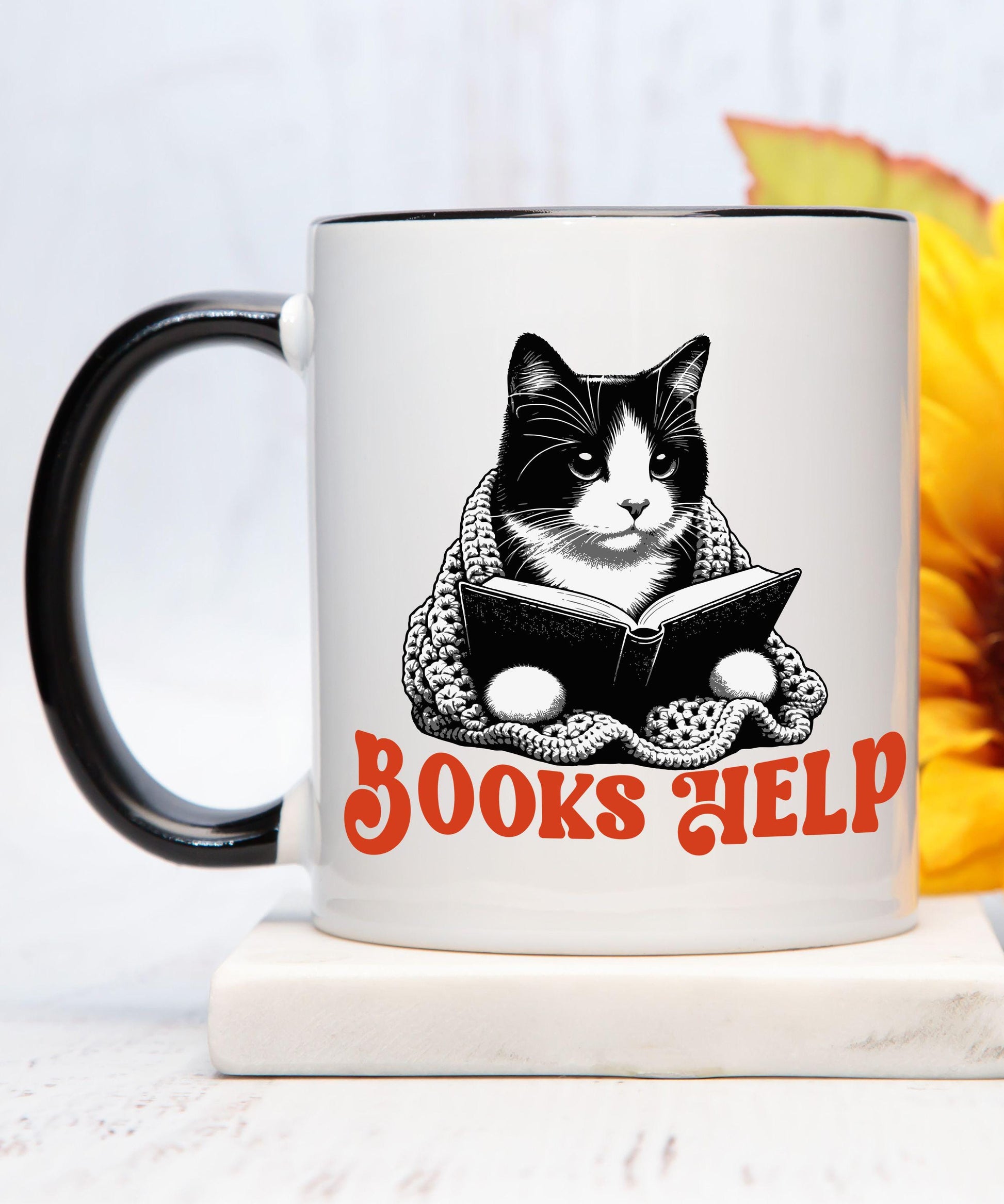 Books Help Coffee Mug, Tuxedo Cat Bookish Mug Bookish Things Bookish Shops Booklover Gifts Self Care Mug, Mental Health Cat Reader Gift