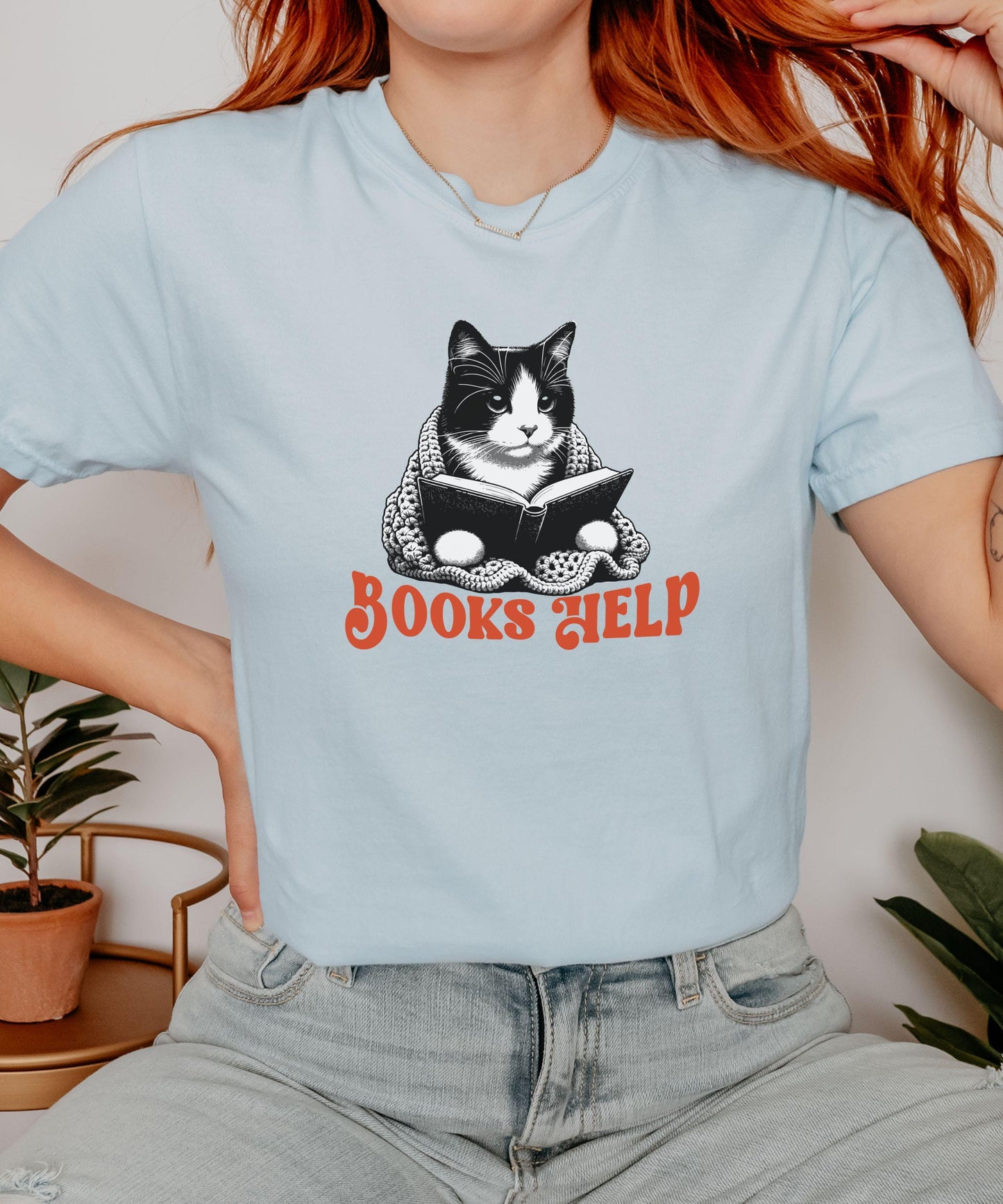Tuxedo Cat Shirt, Books Help Reading Shirt, Tuxedo Cat Gifts, Bookish Things, Cutecore Booklover Gifts Mental Health Self Care Book Shirt