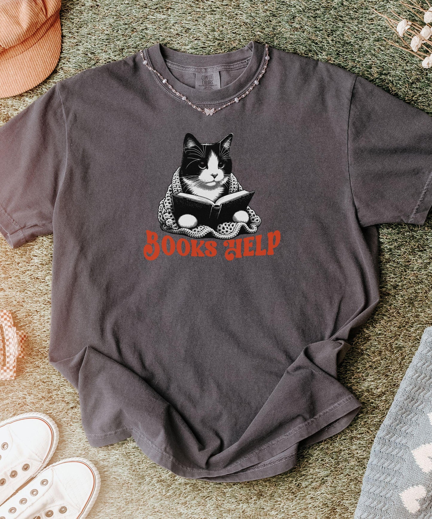 Tuxedo Cat Shirt, Books Help Reading Shirt, Tuxedo Cat Gifts, Bookish Things, Cutecore Booklover Gifts Mental Health Self Care Book Shirt