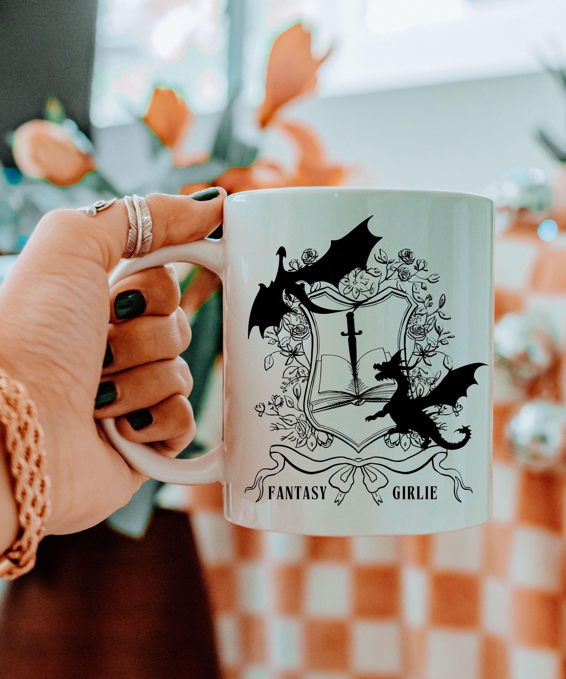 Fantasy Girlie Dragon Mug, Fantasy Romance Reader Coffee Mug, Romantasy Merch Castlecore Bookish Things Dark Coquette Bookish Dragon Gifts