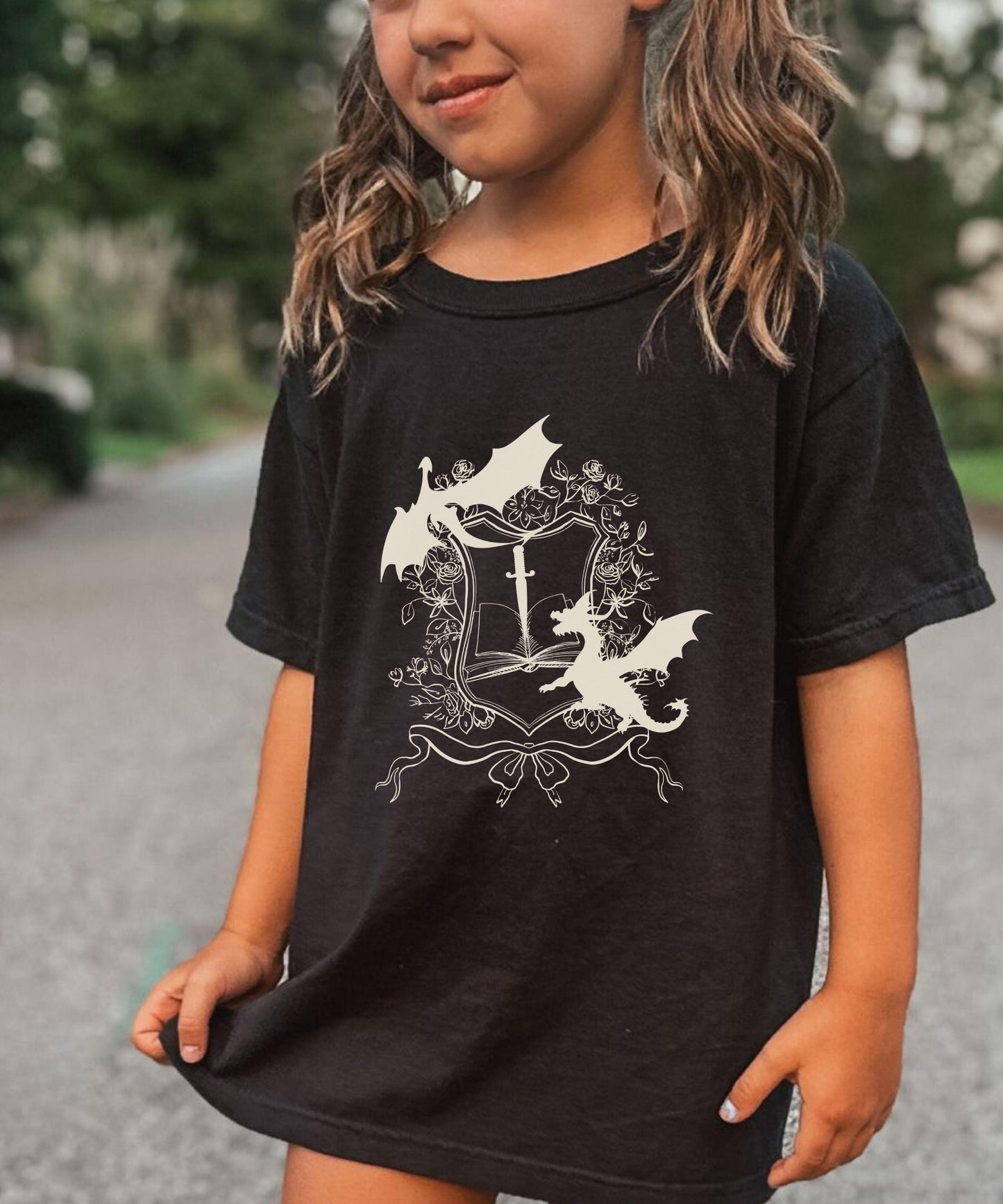 Dragon Shirt Girl, Book Dragon Fantasy Shirt, Whimisgoth kids clothes, Castlecore Shirt Kids, Medieval Shirt Gothic Dragon Party Shirt Girl