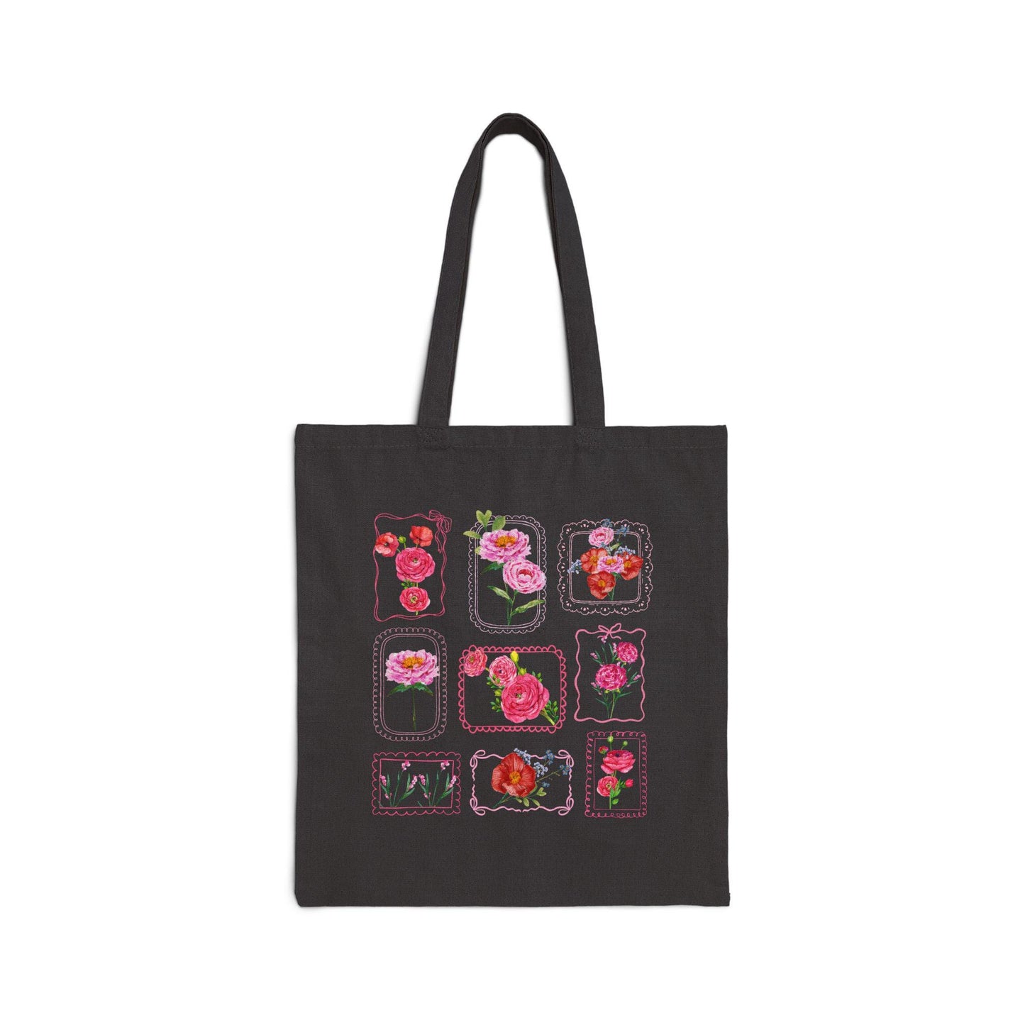 Flower Stamp Grid Tote Bag, Coquette Lace Bow Stamp Floral Canvas Tote bag Farmer Market Bag, Cute Garden Themed Gift, Flower Lover Gifts