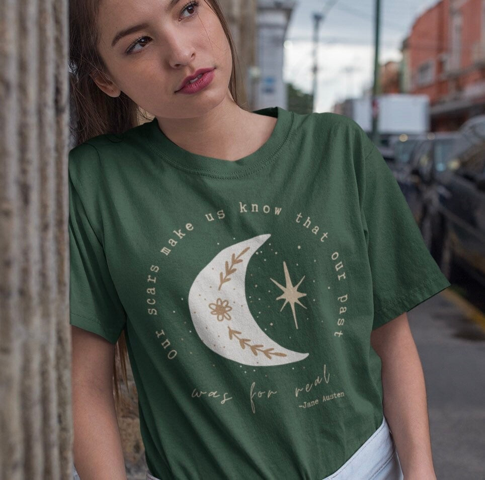 Our Scars Make Us Know Literary Shirt Celestial Shirt Jane Austen Moon and Stars Shirt Botanical Shirt Boho Moon Bookish Academia Clothing