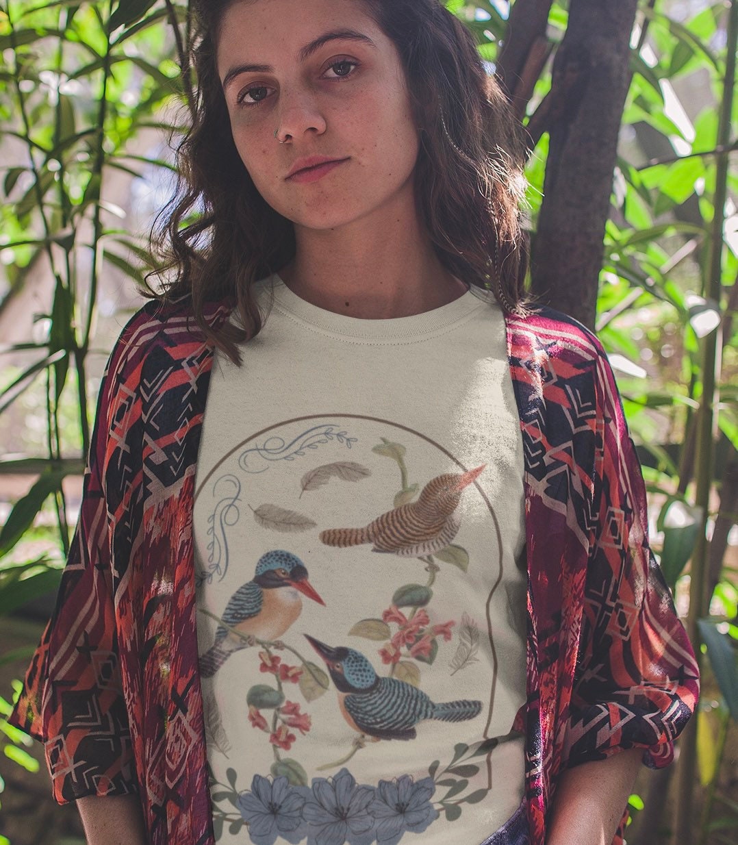 Botanical Bird Shirt Vintage Flower Cottagecore Tshirt Nature Lover Ephemera Aesthetic Women's Feather Shirt Cottage Core Tee Light Academia