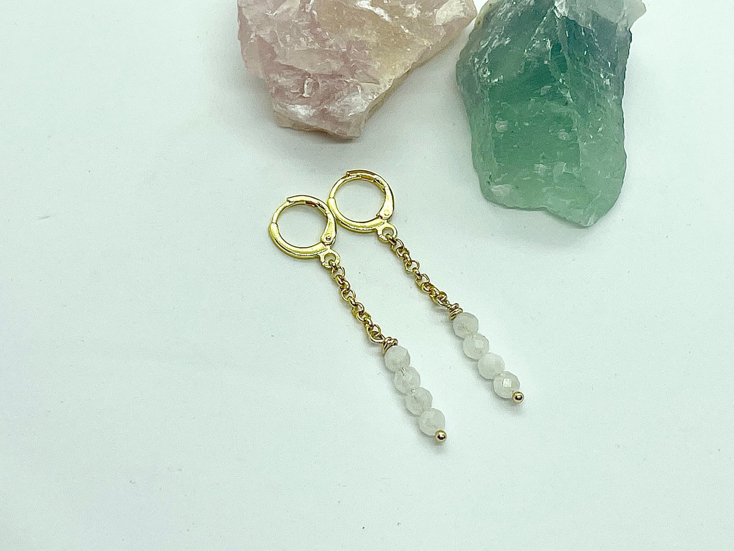 Gold Moonstone Earrings, Gold Plated Dangle Earrings, Huggie Earrings, Huggie Hoop Earrings With Moonstone Charm, Moonstone Crystal Earrings