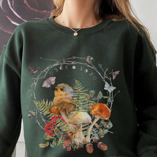 Mushroom Sweatshirt Bird Sweatshirt Cottagecore Clothes Cottagecore Sweatshirt Goblincore Shirt Fairy Grunge Fairycore Forestcore Sweatshirt