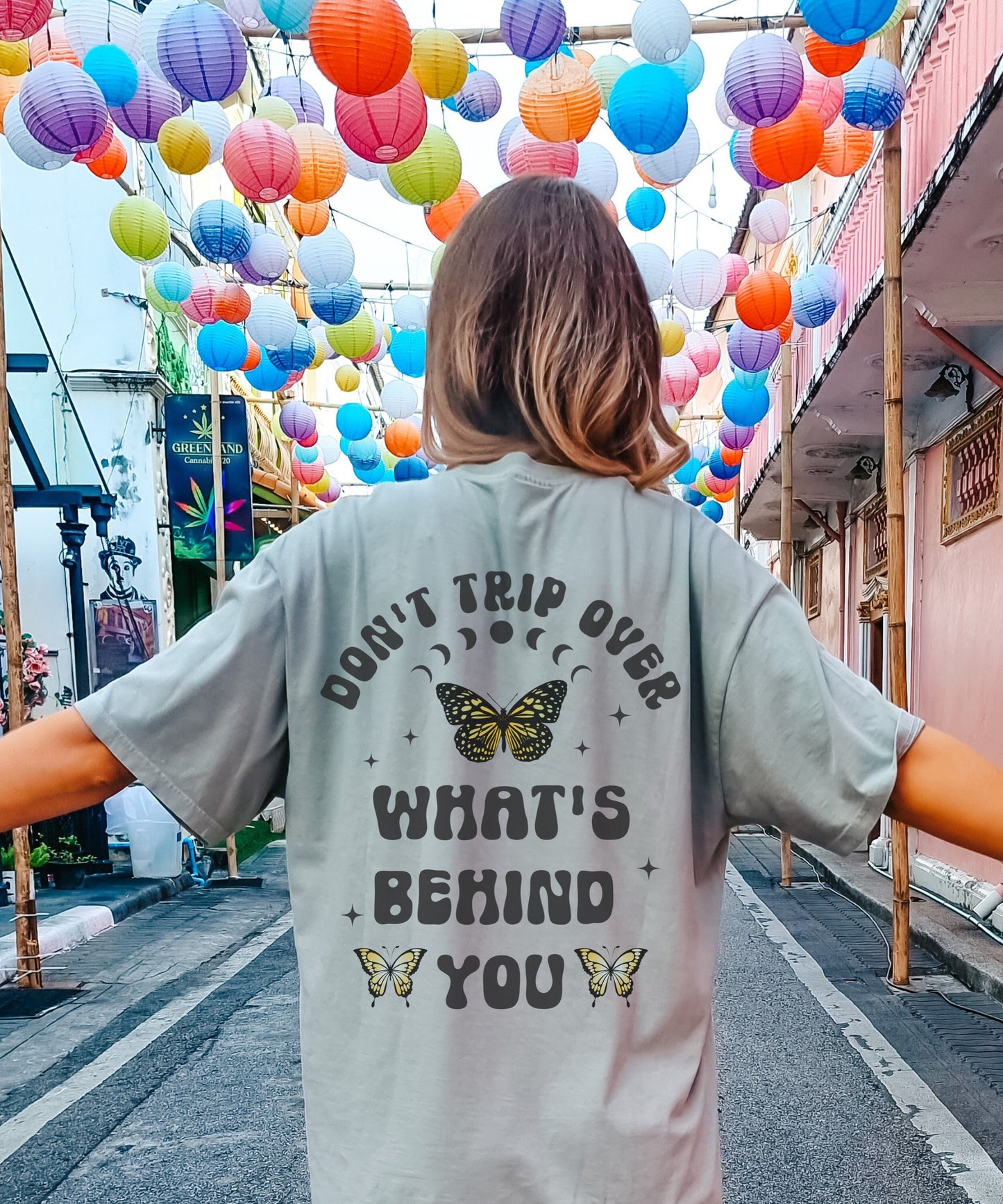 Don't Trip Over What's Behind You, Comfort Colors® Shirt, Aesthetic Shirt With Sayings On The Back, Butterfly Shirt Moon Phases Retro Tee