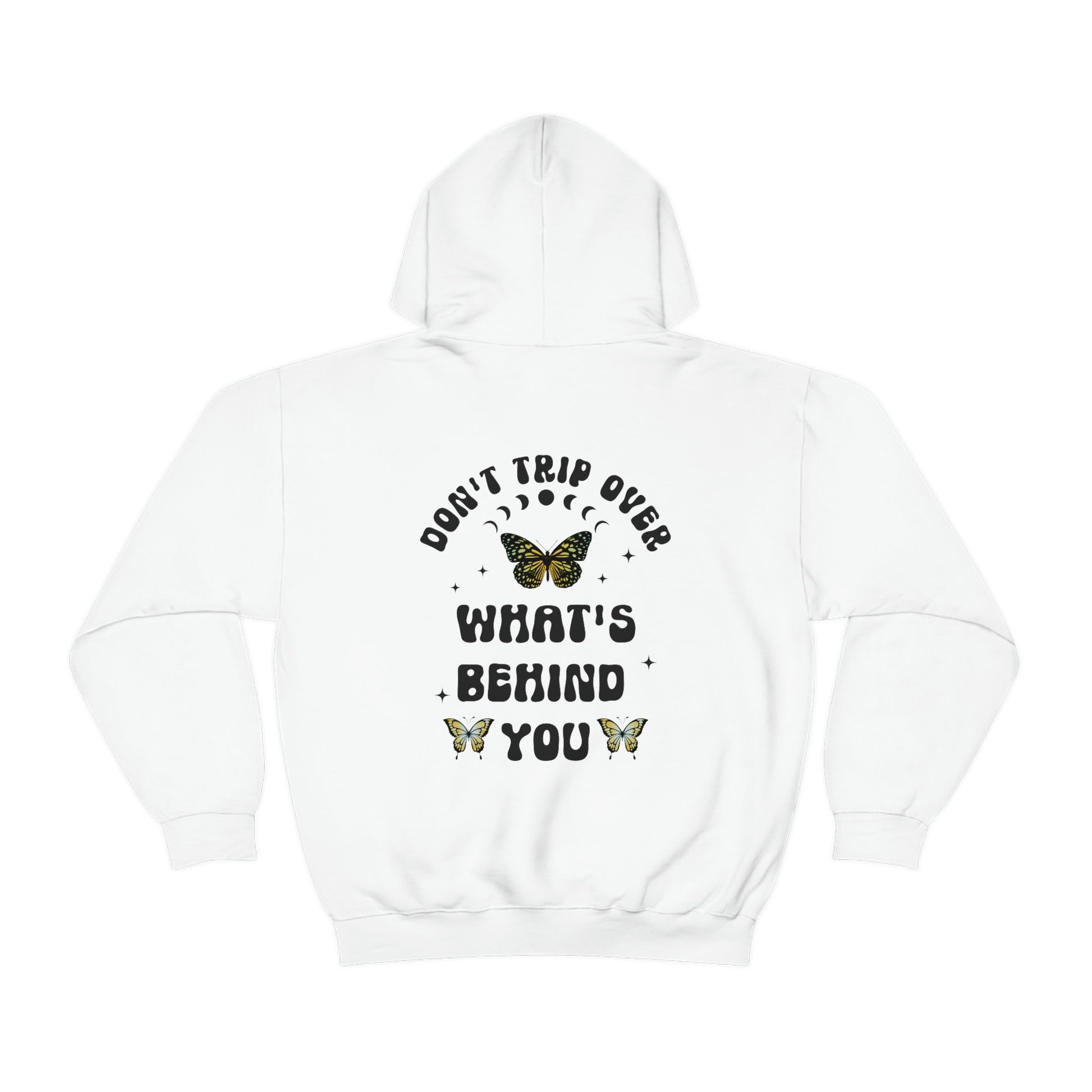 Don't Trip Over What's Behind You, Mental Health Hoodie, Butterfly Hoodie Retro Aesthetic Hoodie Moon Phases Butterfly Sweatshirt Back Print