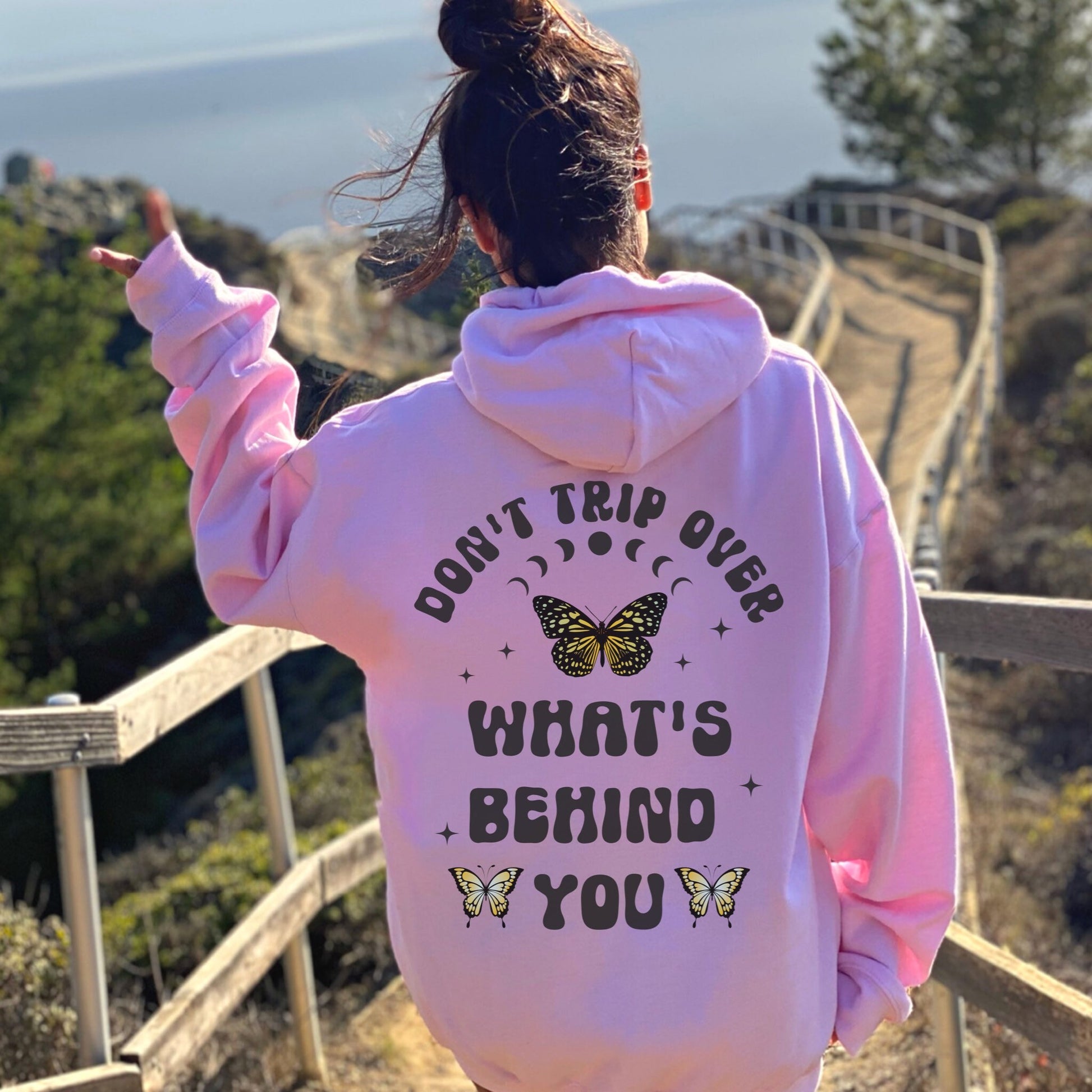 Don't Trip Over What's Behind You, Mental Health Hoodie, Butterfly Hoodie Retro Aesthetic Hoodie Moon Phases Butterfly Sweatshirt Back Print