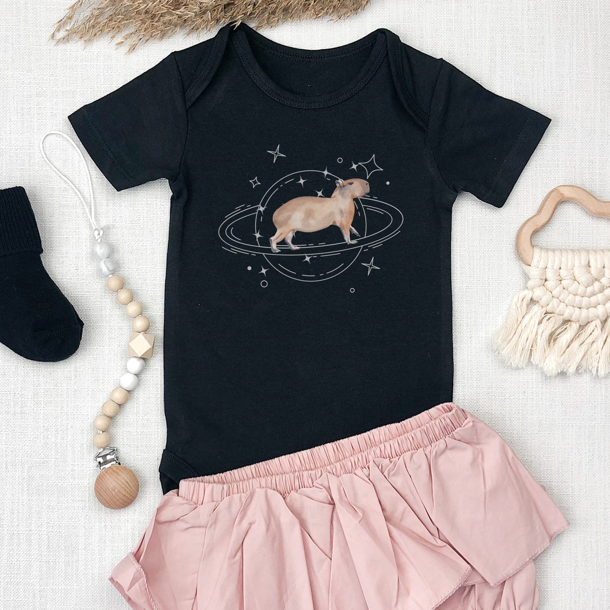 Capybara Baby Bodysuit, Space Baby Capybara Planet Hamster Wheel Astronomy Capybara Shirt Baby Weirdcore Baby Clothes Gender Neutral Baby