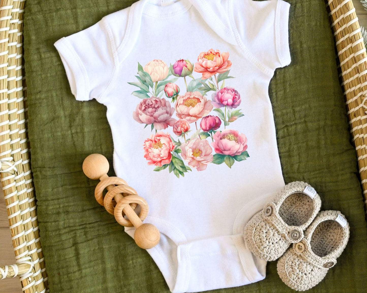 Peony Bodysuit, Peonies Baby Bodysuit, Peony Flower Floral Baby Bodysuit Cottagecore Baby Boho Baby Girl Tea Garden Party Baby Shirt